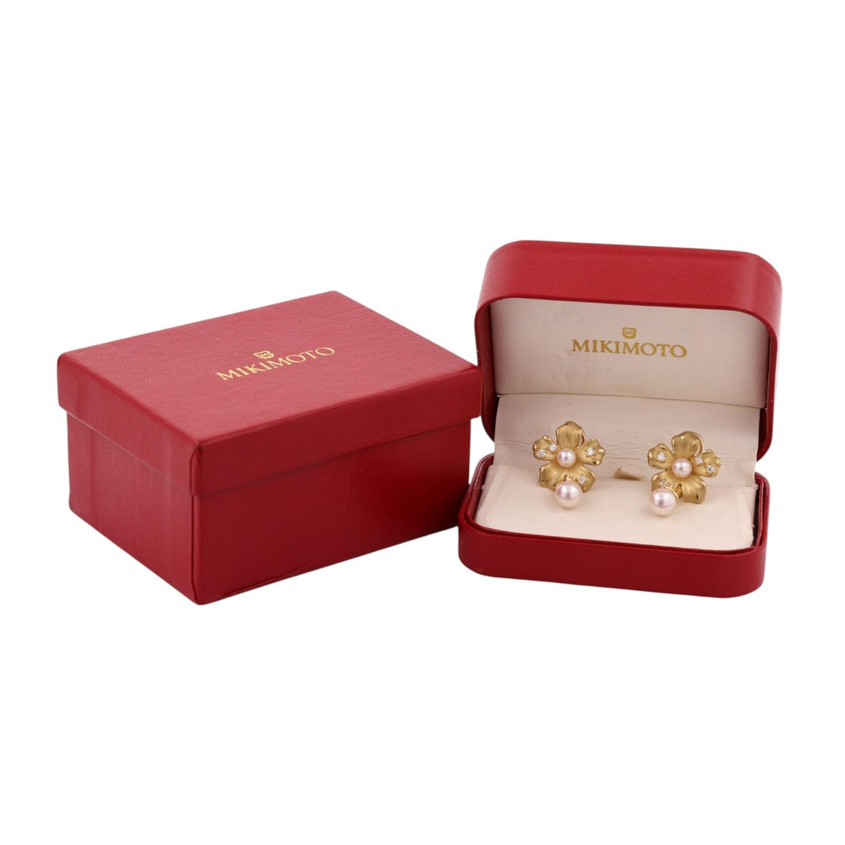 Mikimoto Pearl Diamond Floral Necklace Earrings Set 18K Yellow Gold 1.70 CTW