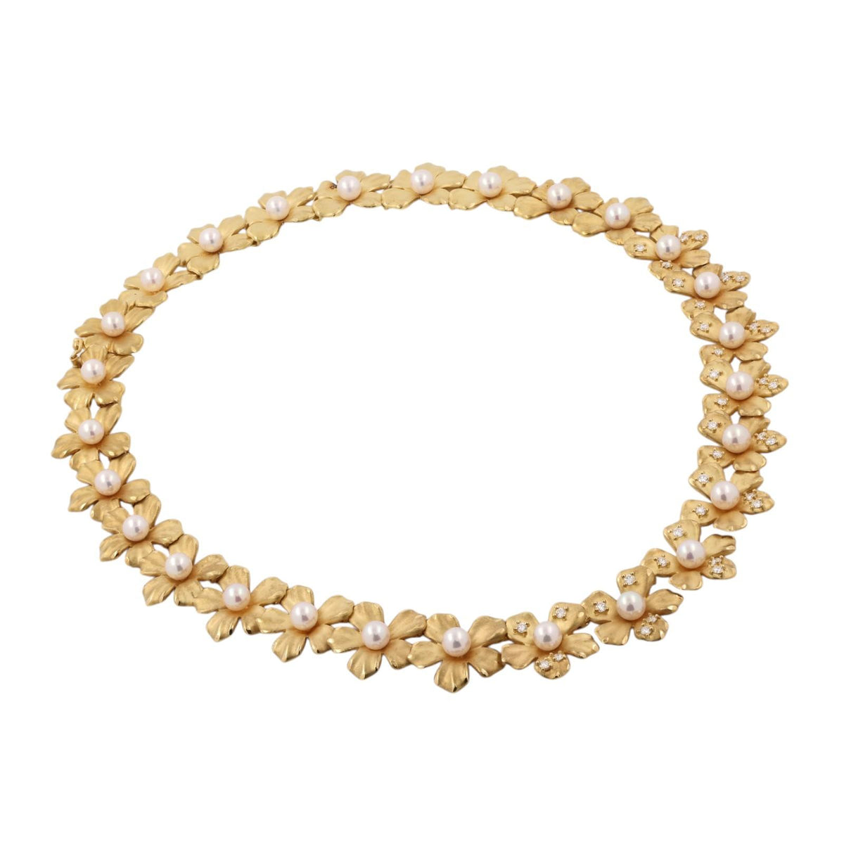 Mikimoto Pearl Diamond Floral Necklace Earrings Set 18K Yellow Gold 1.70 CTW