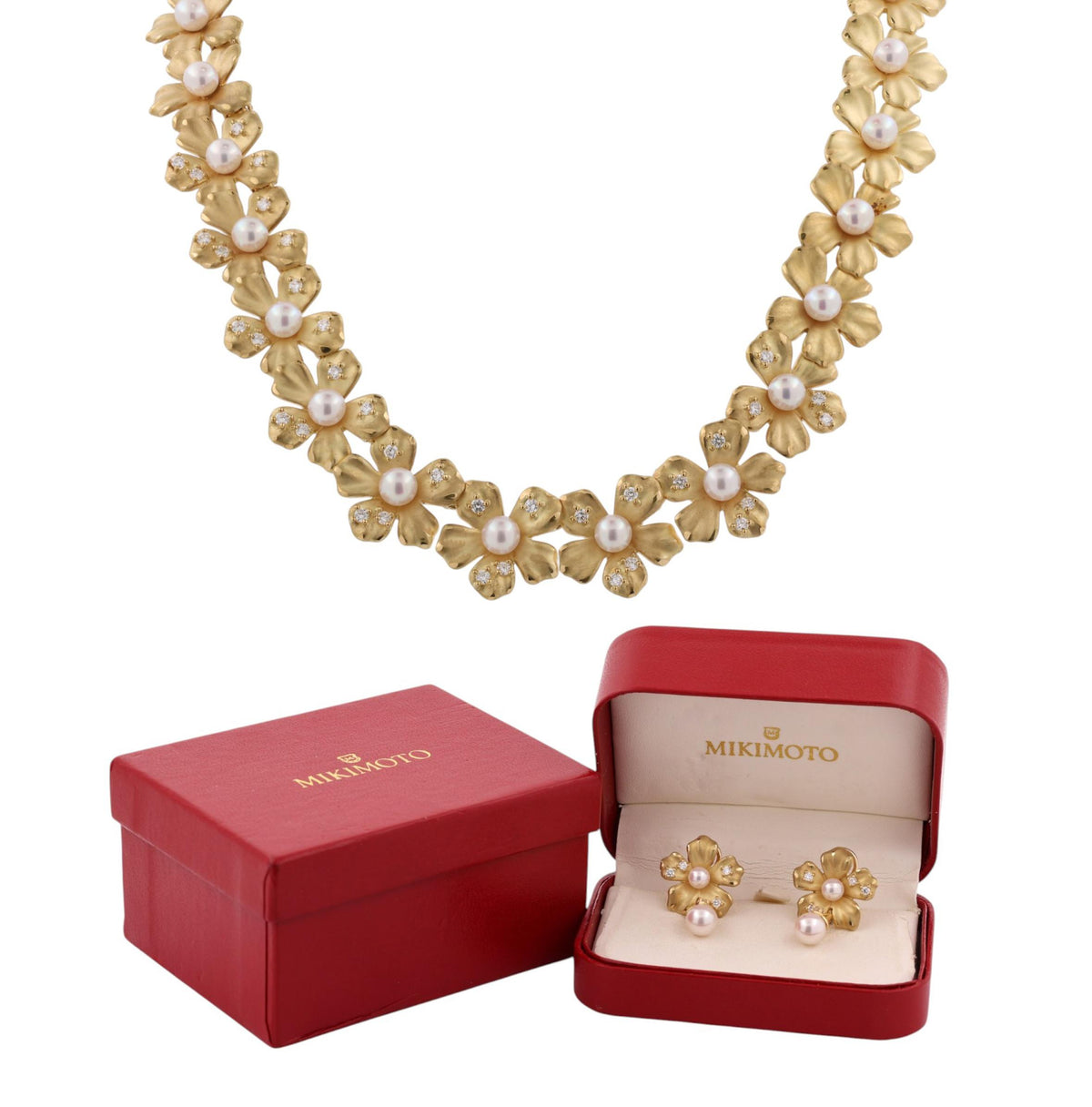 Mikimoto Pearl Diamond Floral Necklace Earrings Set 18K Yellow Gold 1.70 CTW