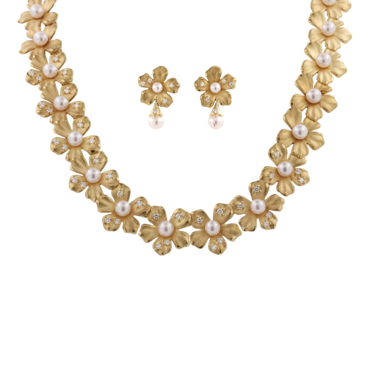Mikimoto Pearl Diamond Floral Necklace Earrings Set 18K Yellow Gold 1.70 CTW