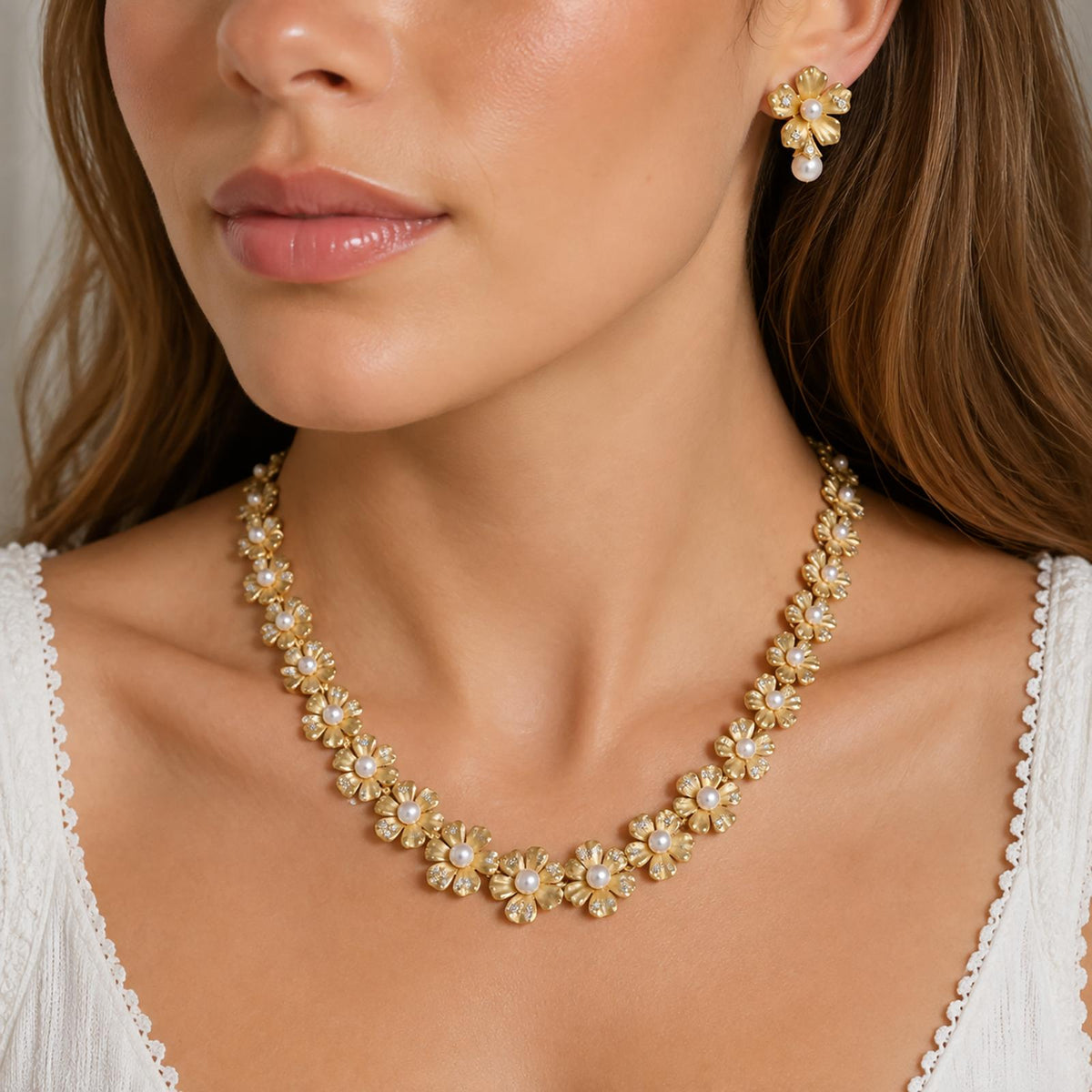 Mikimoto Pearl Diamond Floral Necklace Earrings Set 18K Yellow Gold 1.70 CTW