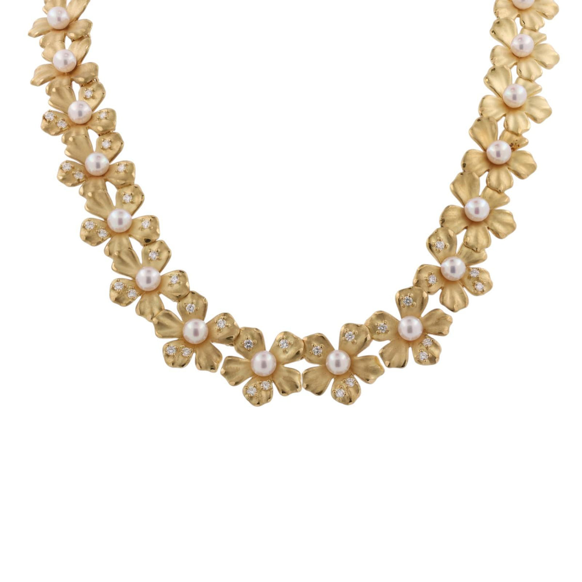 Mikimoto Pearl Diamond Floral Necklace Earrings Set 18K Yellow Gold 1.70 CTW