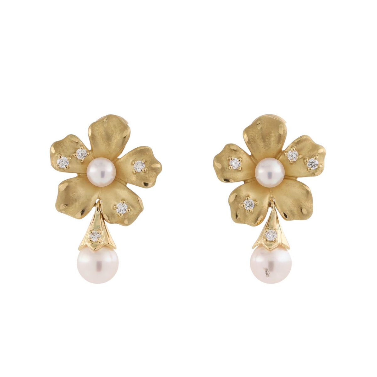 Mikimoto Pearl Diamond Floral Necklace Earrings Set 18K Yellow Gold 1.70 CTW