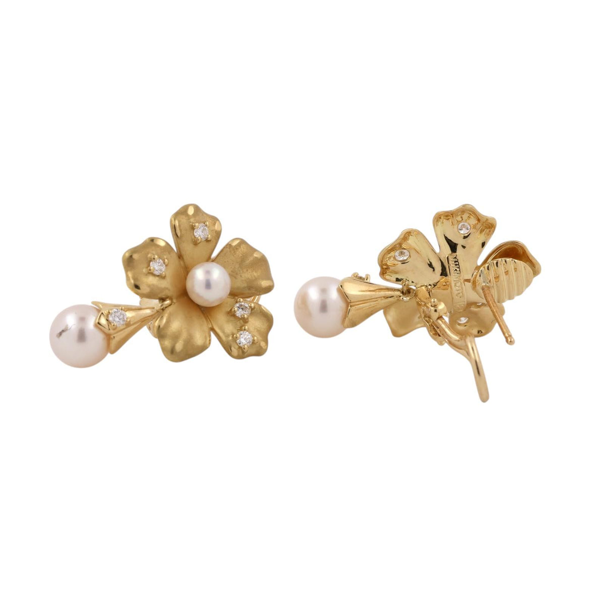 Mikimoto Pearl Diamond Floral Necklace Earrings Set 18K Yellow Gold 1.70 CTW