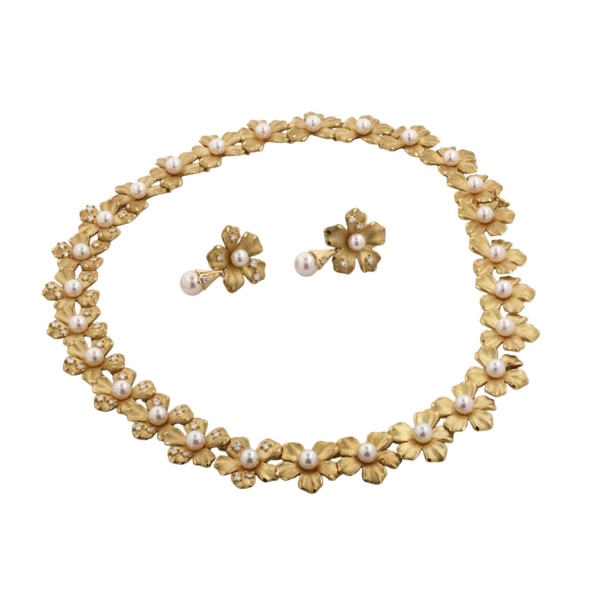 Mikimoto Pearl Diamond Floral Necklace Earrings Set 18K Yellow Gold 1.70 CTW