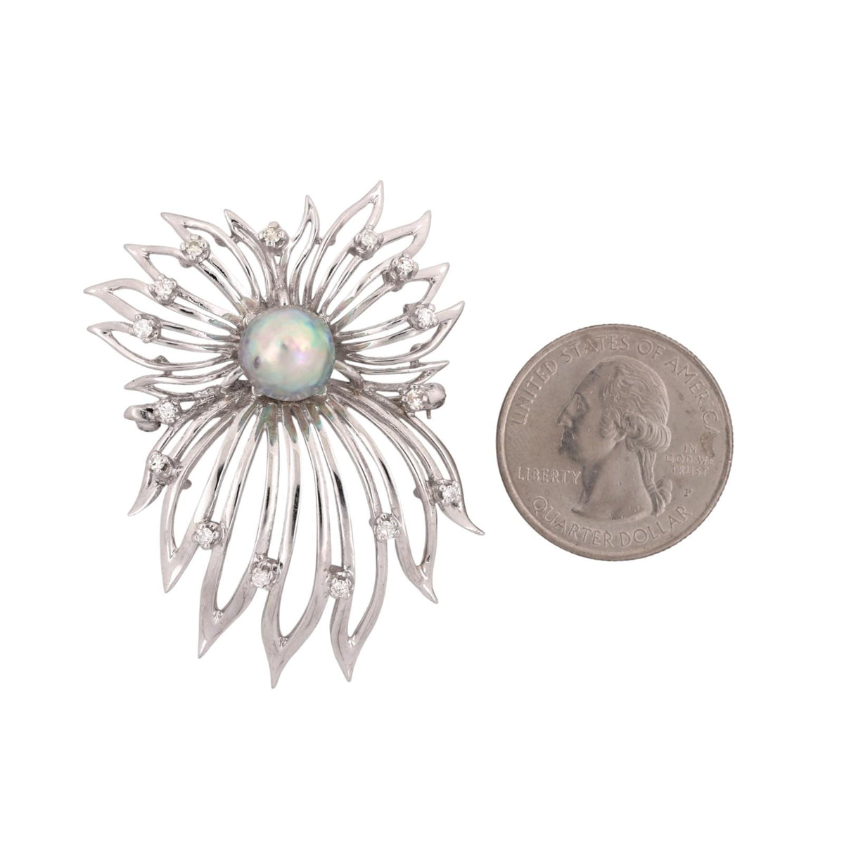 Vintage South Sea Pearl Diamond Spray Brooch 14K White Gold 0.30 CTW 2"