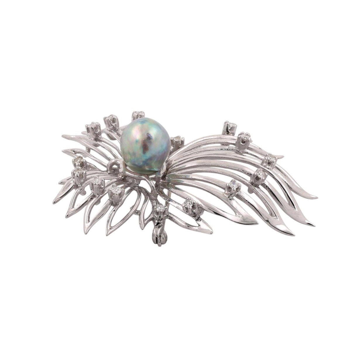 Vintage South Sea Pearl Diamond Spray Brooch 14K White Gold 0.30 CTW 2"