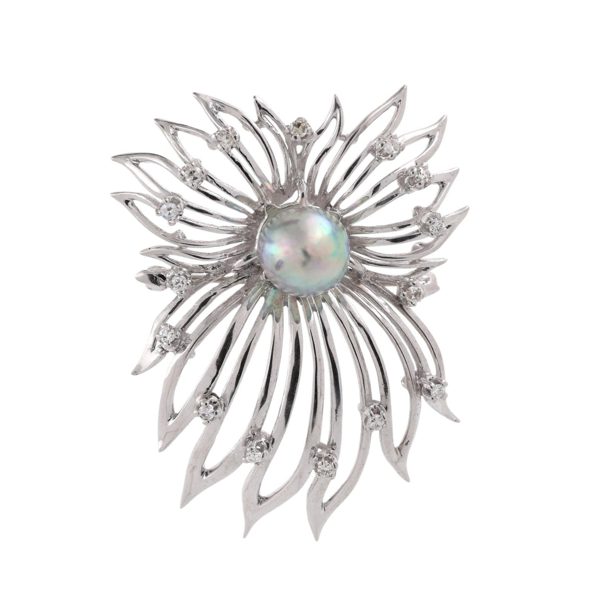 Vintage South Sea Pearl Diamond Spray Brooch 14K White Gold 0.30 CTW 2"