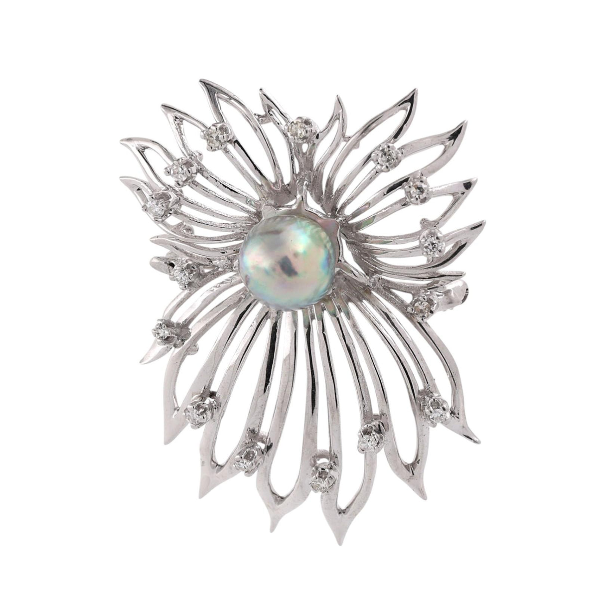 Vintage South Sea Pearl Diamond Spray Brooch 14K White Gold 0.30 CTW 2"