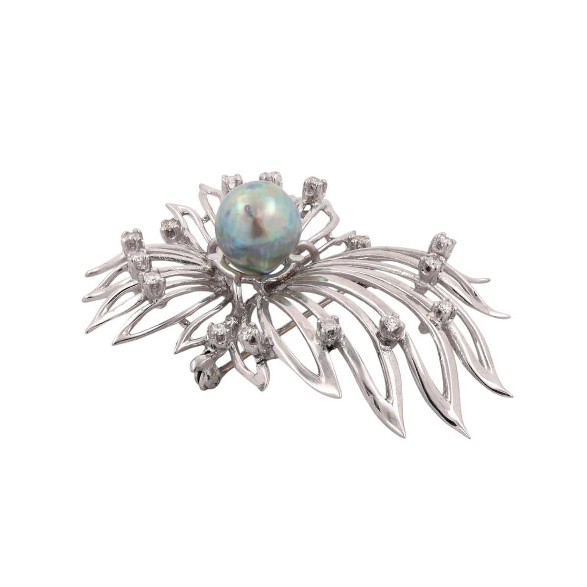 Vintage South Sea Pearl Diamond Spray Brooch 14K White Gold 0.30 CTW 2"