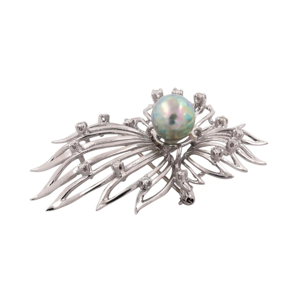 Vintage South Sea Pearl Diamond Spray Brooch 14K White Gold 0.30 CTW 2"