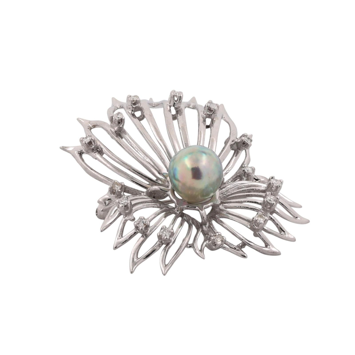 Vintage South Sea Pearl Diamond Spray Brooch 14K White Gold 0.30 CTW 2"