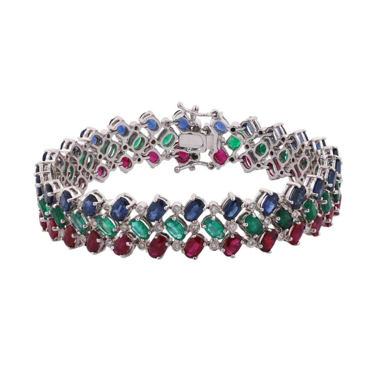 14K White Gold Ruby Emerald Sapphire Diamond Bracelet 24.72 CTW 7"