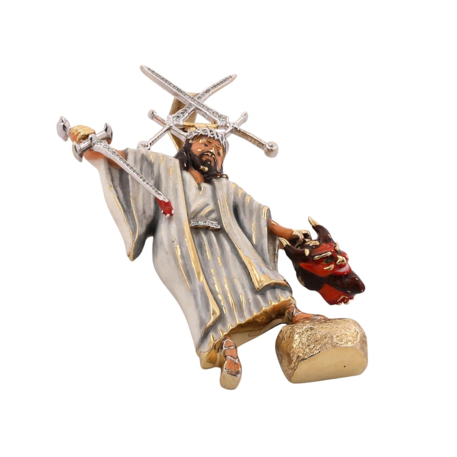 10K Gold Diamond Enamel Jesus Devil No Weapons Formed Religious Pendant 63g