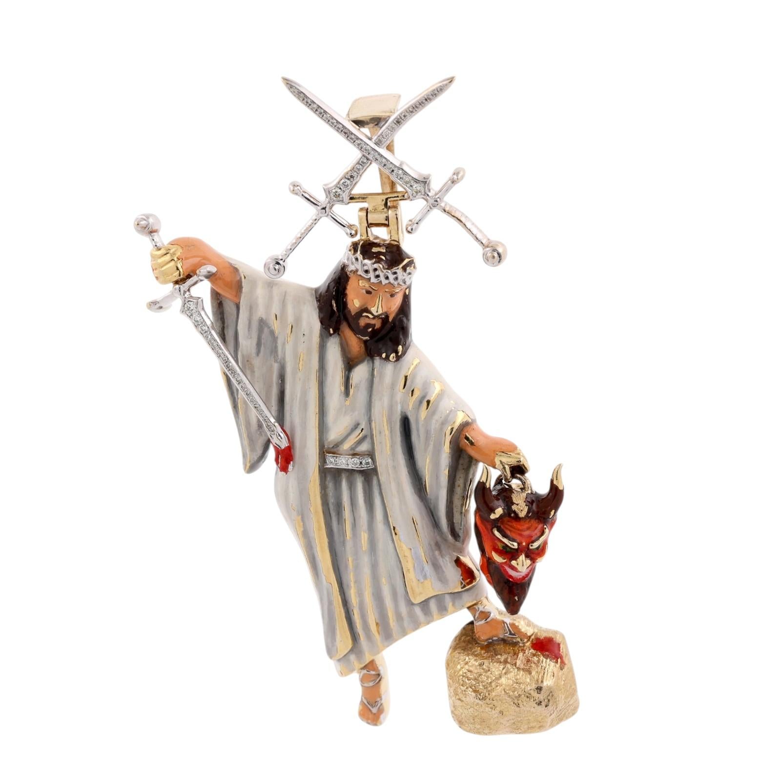 10K Gold Diamond Enamel Jesus Devil No Weapons Formed Religious Pendant 63g