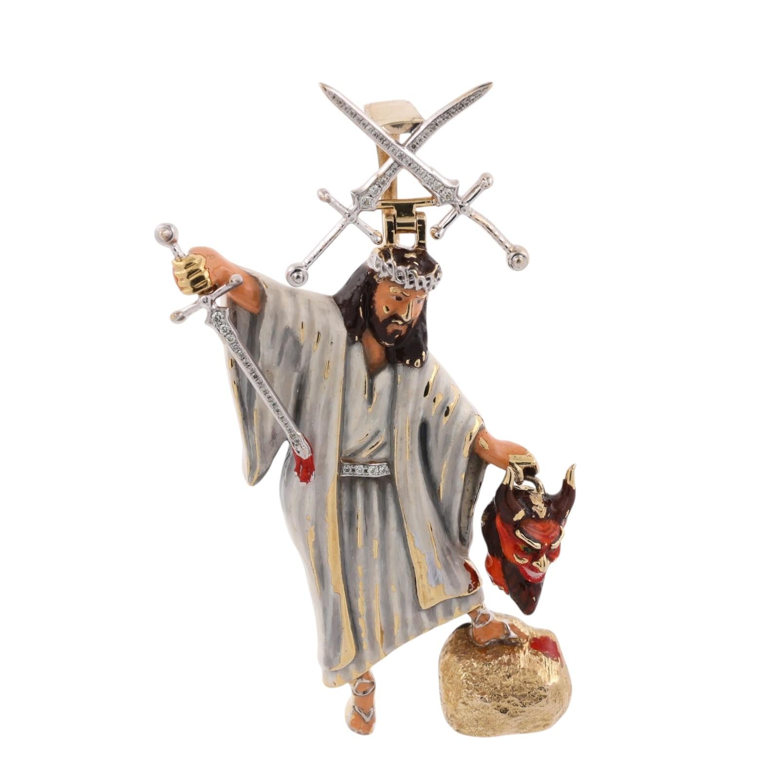 10K Gold Diamond Enamel Jesus Devil No Weapons Formed Religious Pendant 63g