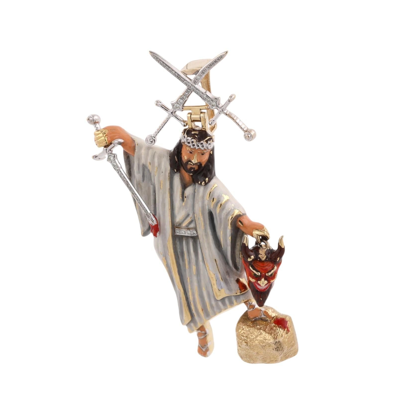 10K Gold Diamond Enamel Jesus Devil No Weapons Formed Religious Pendant 63g