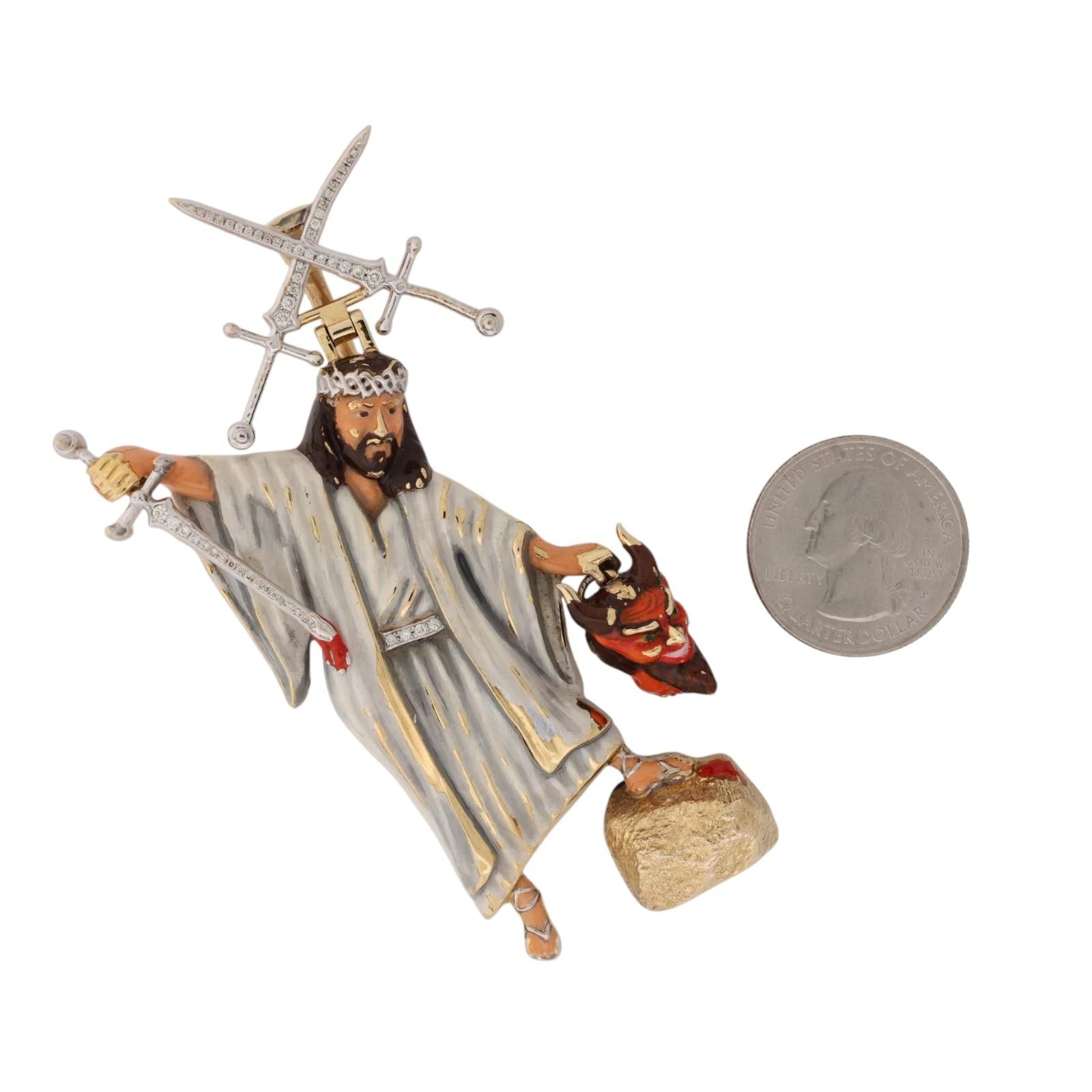 10K Gold Diamond Enamel Jesus Devil No Weapons Formed Religious Pendant 63g