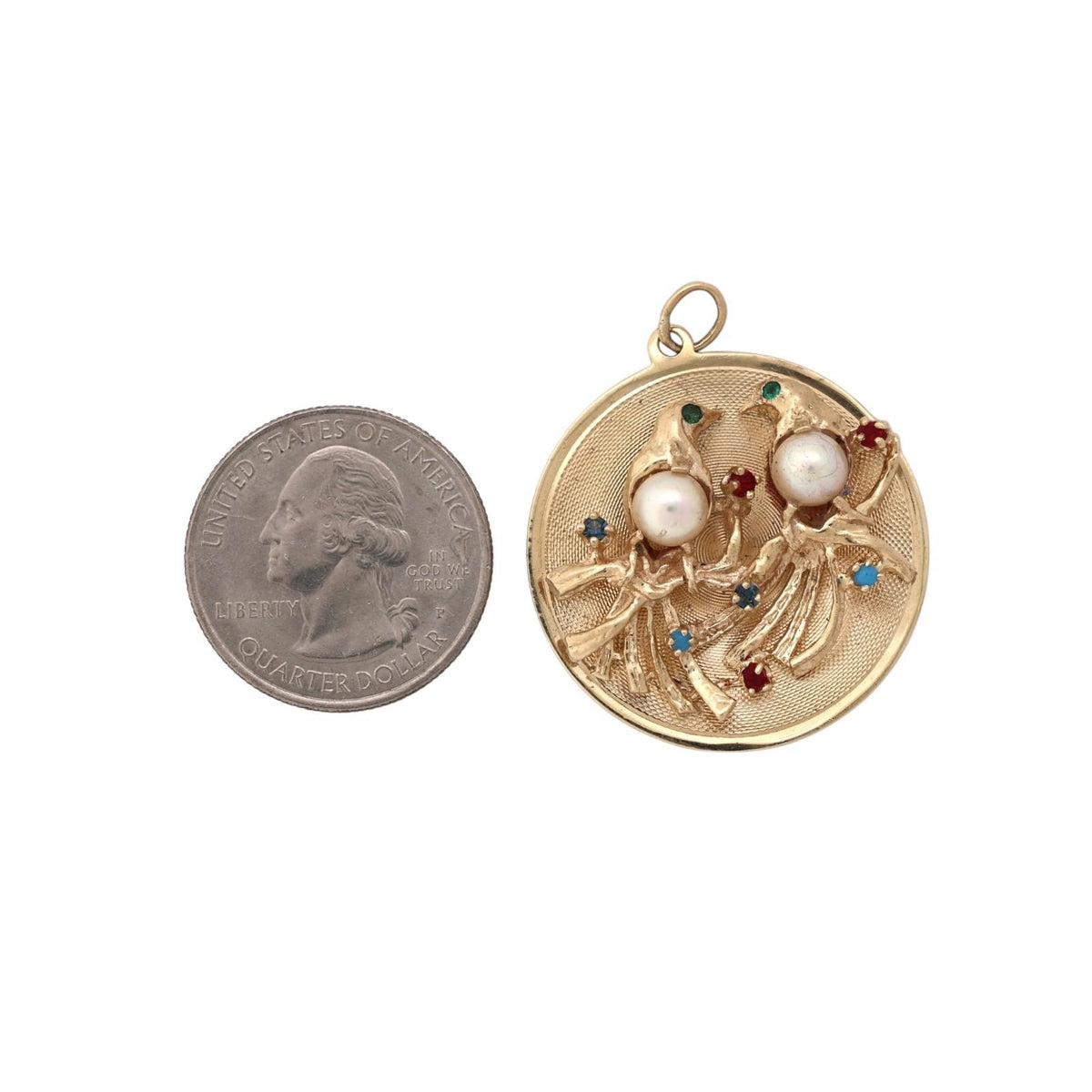 Vintage Gold Lovebirds Akoya Pearl Multi Gemstone Round Pendant