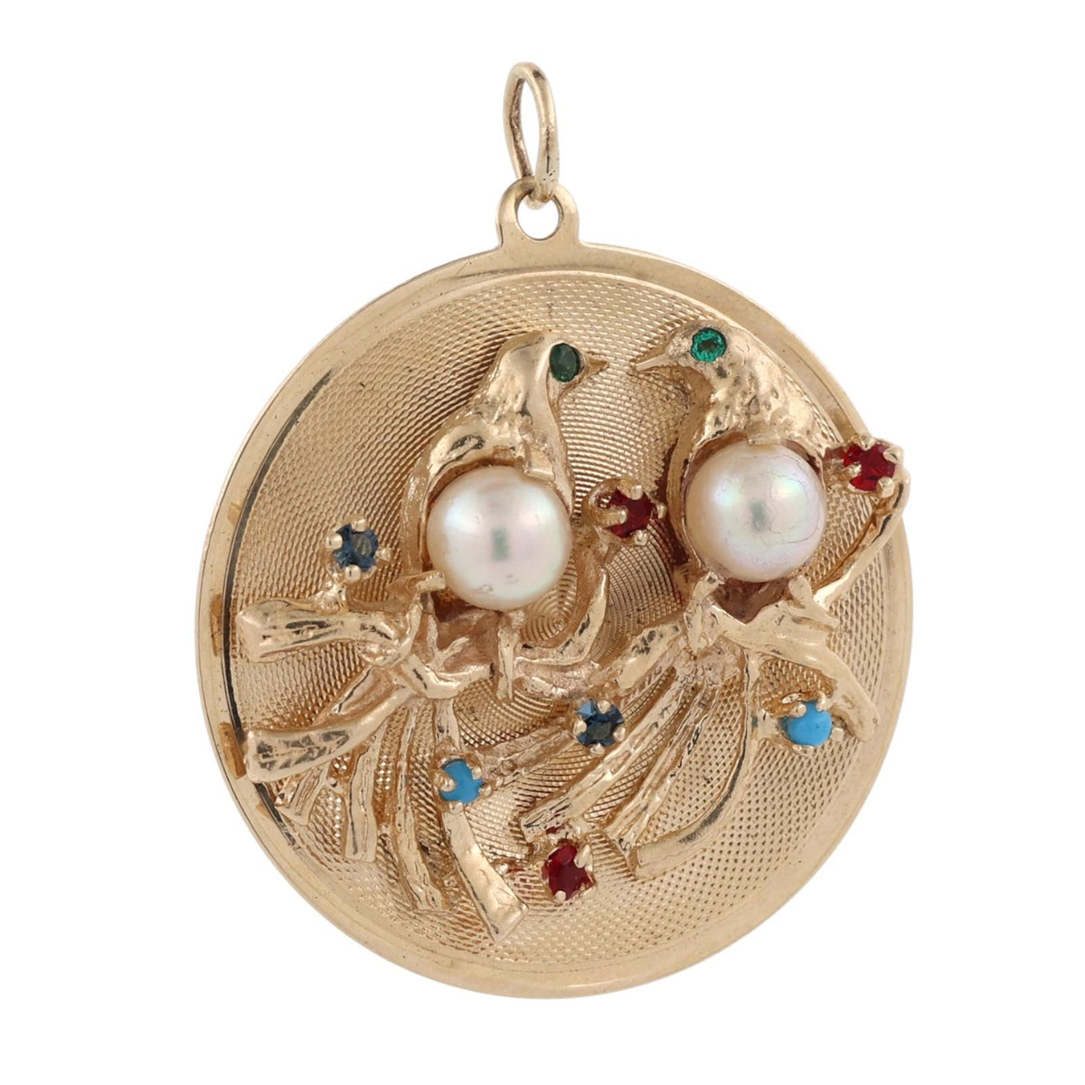 Vintage Gold Lovebirds Akoya Pearl Multi Gemstone Round Pendant