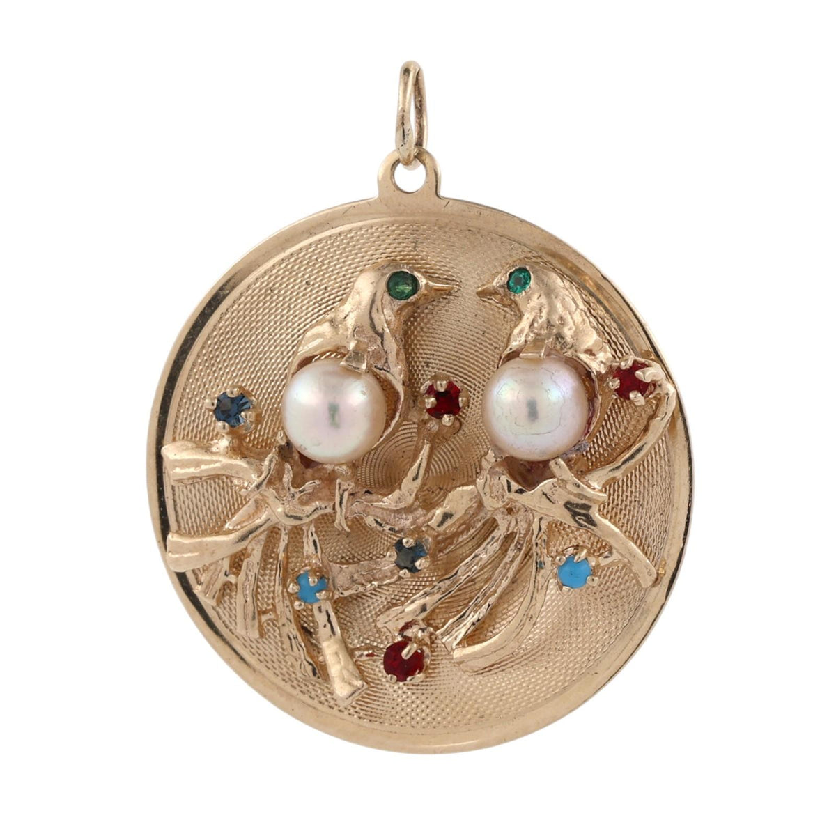 Vintage Gold Lovebirds Akoya Pearl Multi Gemstone Round Pendant
