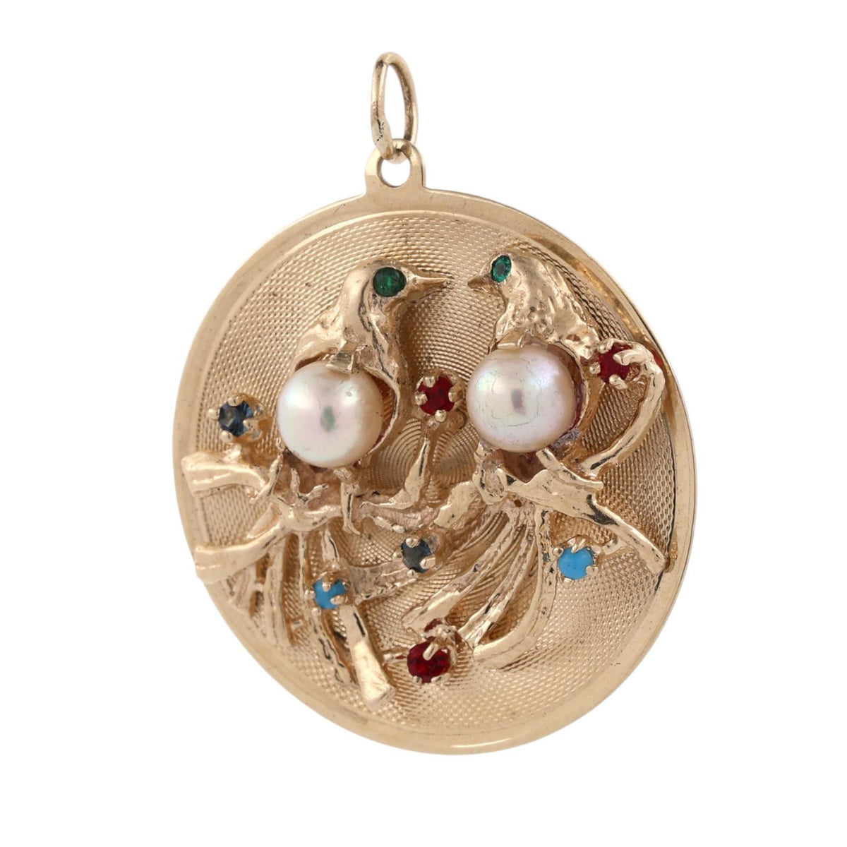 Vintage Gold Lovebirds Akoya Pearl Multi Gemstone Round Pendant