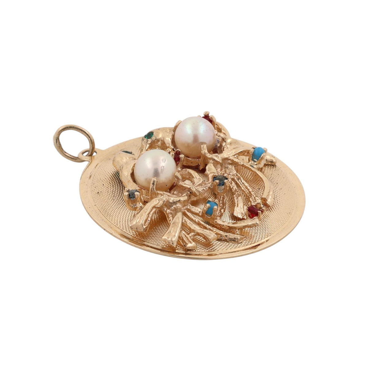 Vintage Gold Lovebirds Akoya Pearl Multi Gemstone Round Pendant
