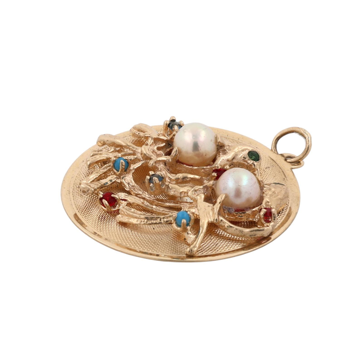 Vintage Gold Lovebirds Akoya Pearl Multi Gemstone Round Pendant