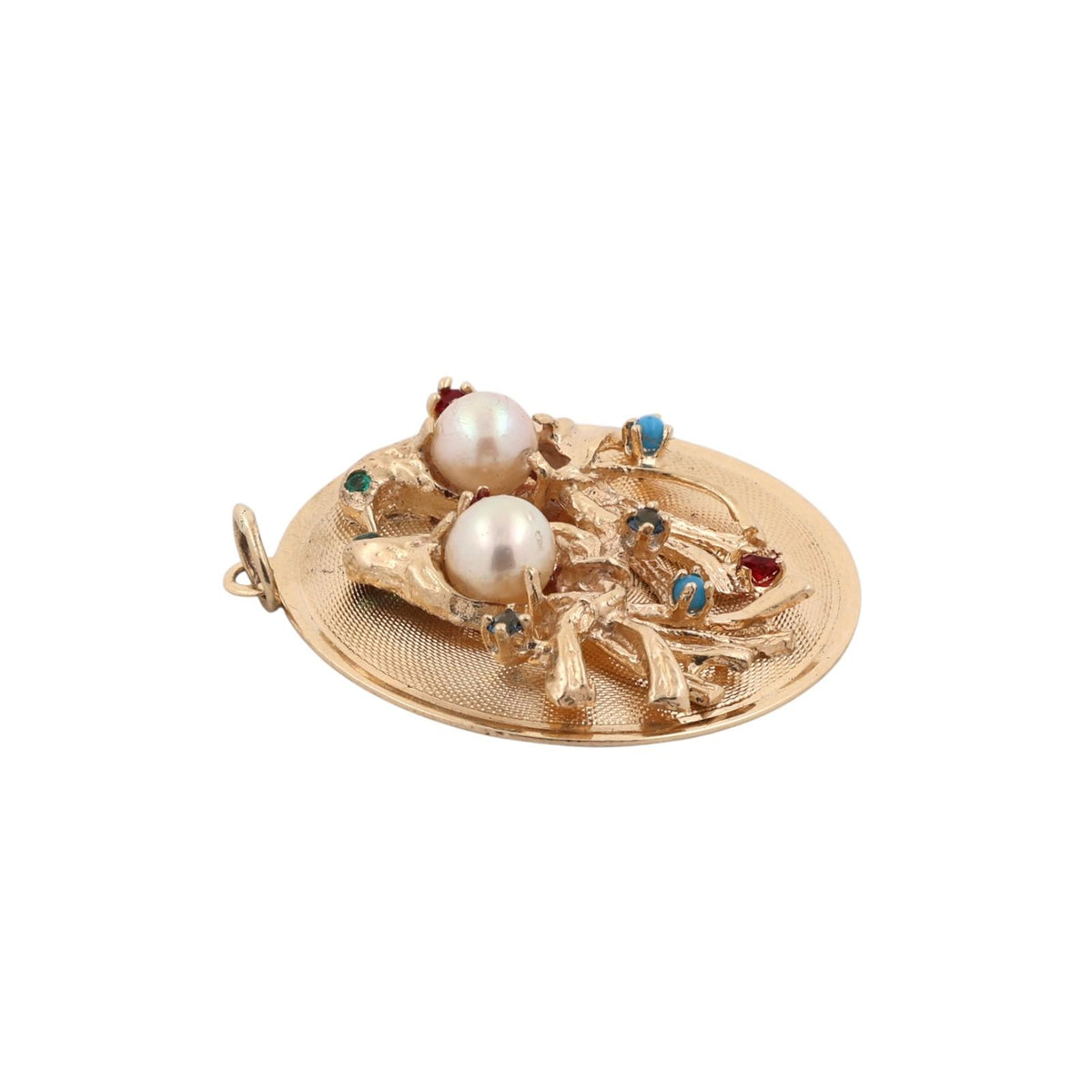 Vintage Gold Lovebirds Akoya Pearl Multi Gemstone Round Pendant
