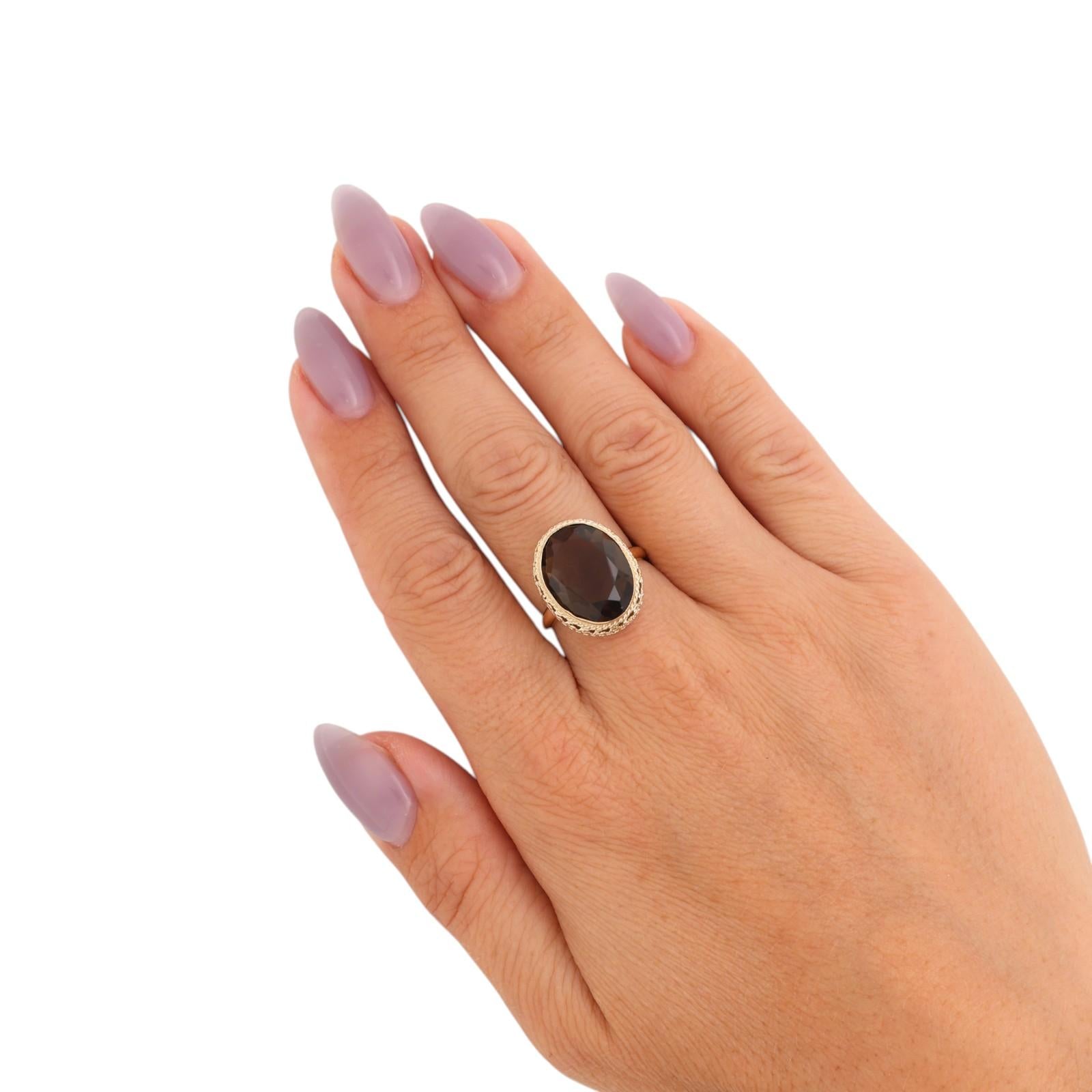 Smoky Quartz Cocktail Statement Ring Yellow Gold 8.20 CT Oval Size 7.25