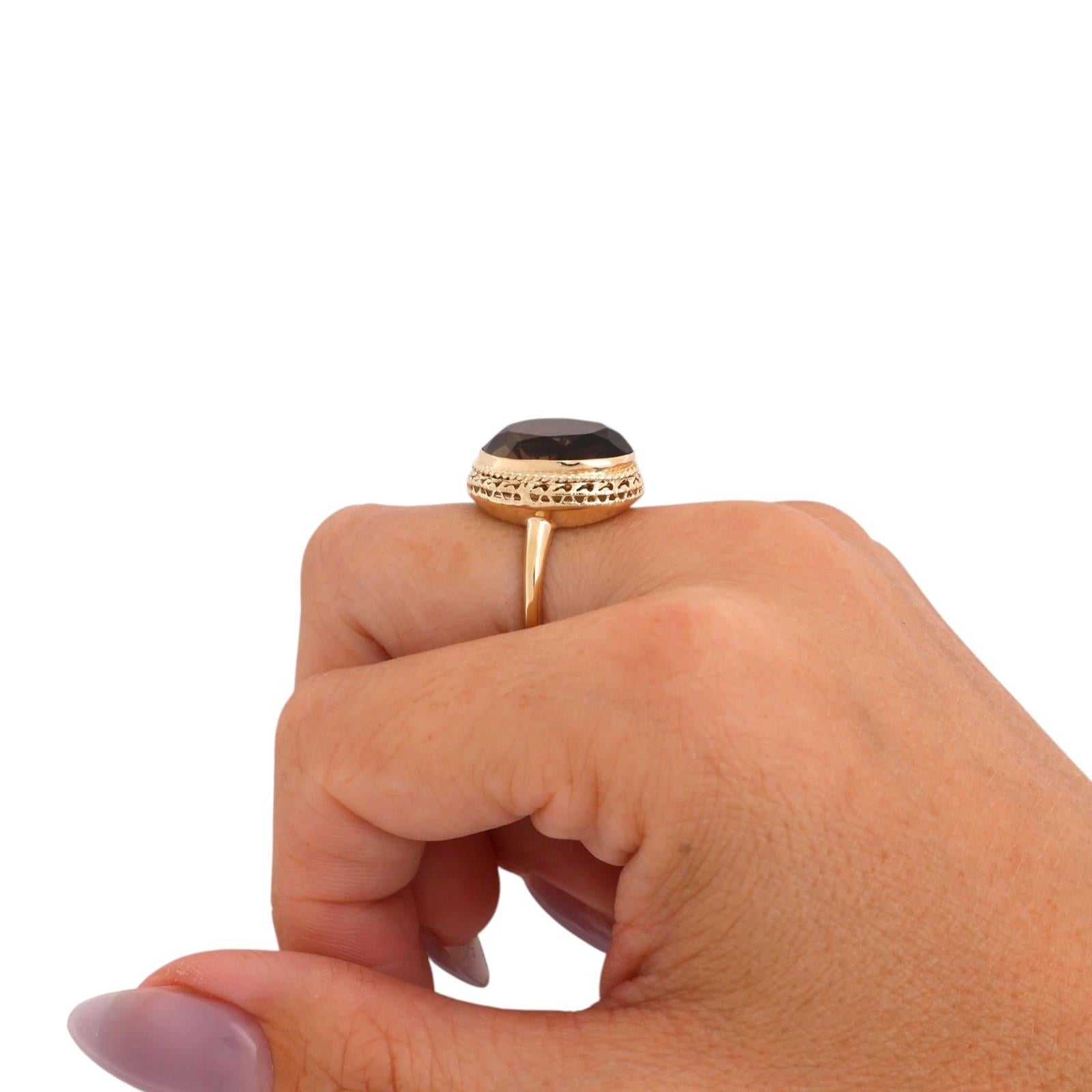 Smoky Quartz Cocktail Statement Ring Yellow Gold 8.20 CT Oval Size 7.25