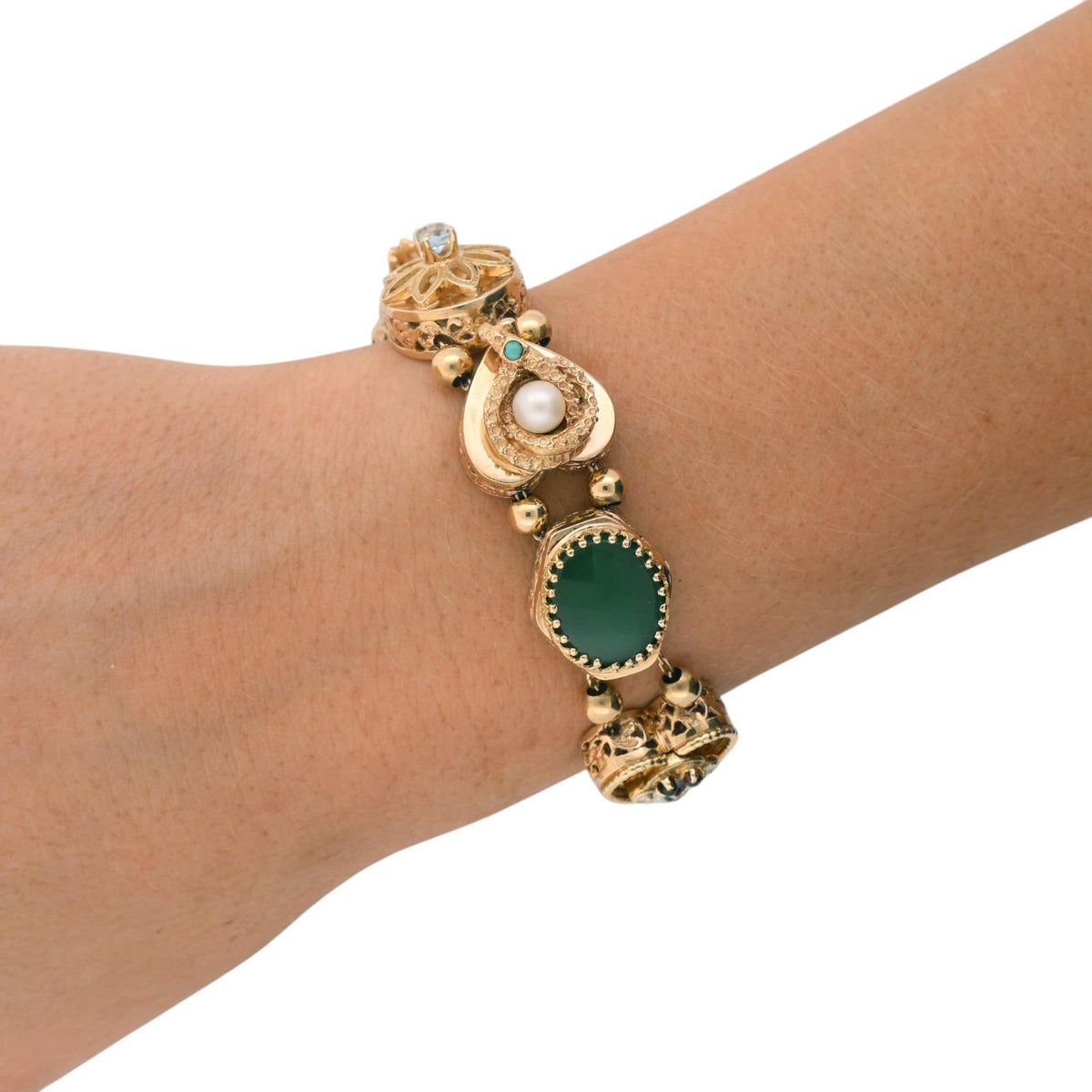 Vintage 14K Gold Victorian Revival Multi Gemstone Slide Charm Bracelet 6.75"