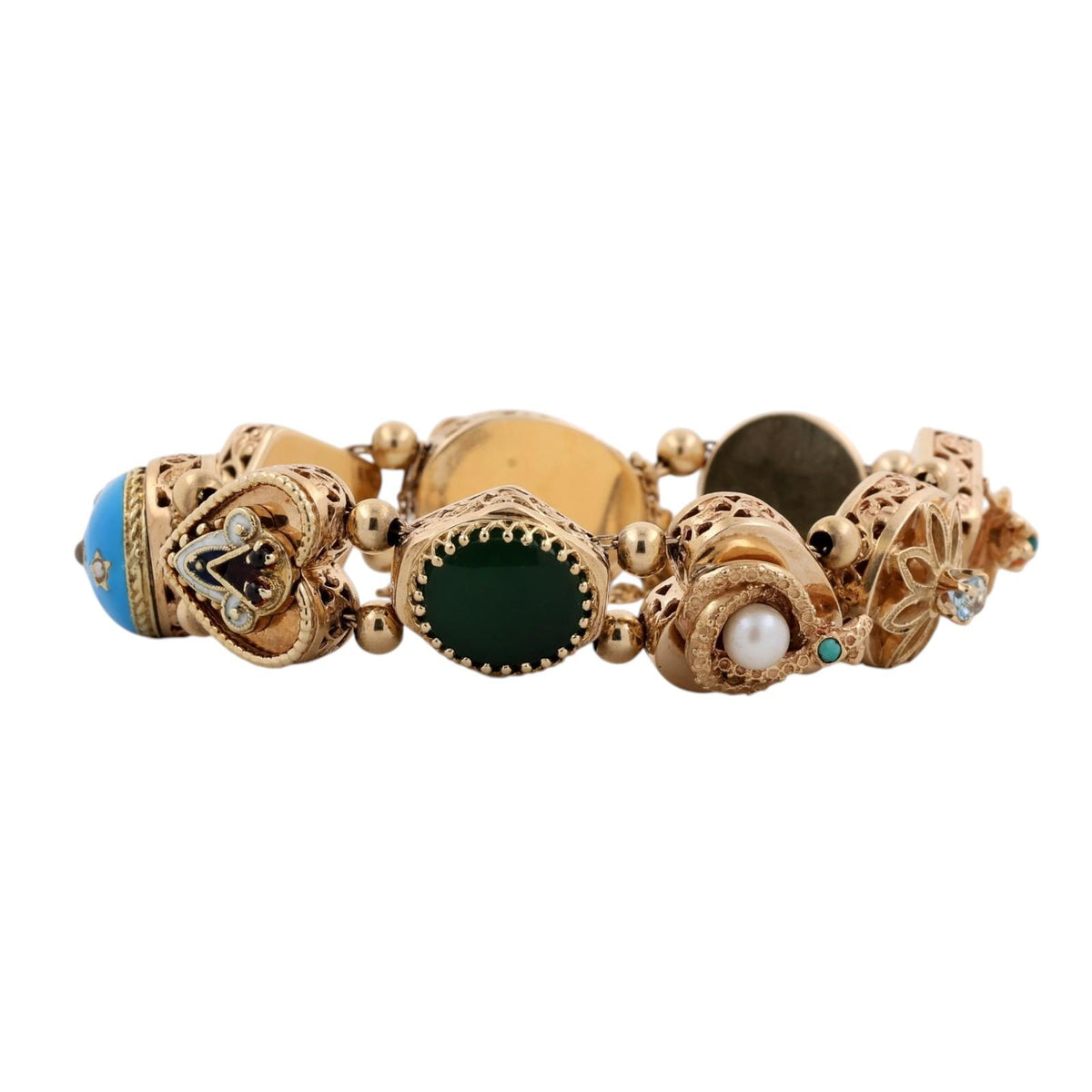 Vintage 14K Gold Victorian Revival Multi Gemstone Slide Charm Bracelet 6.75"