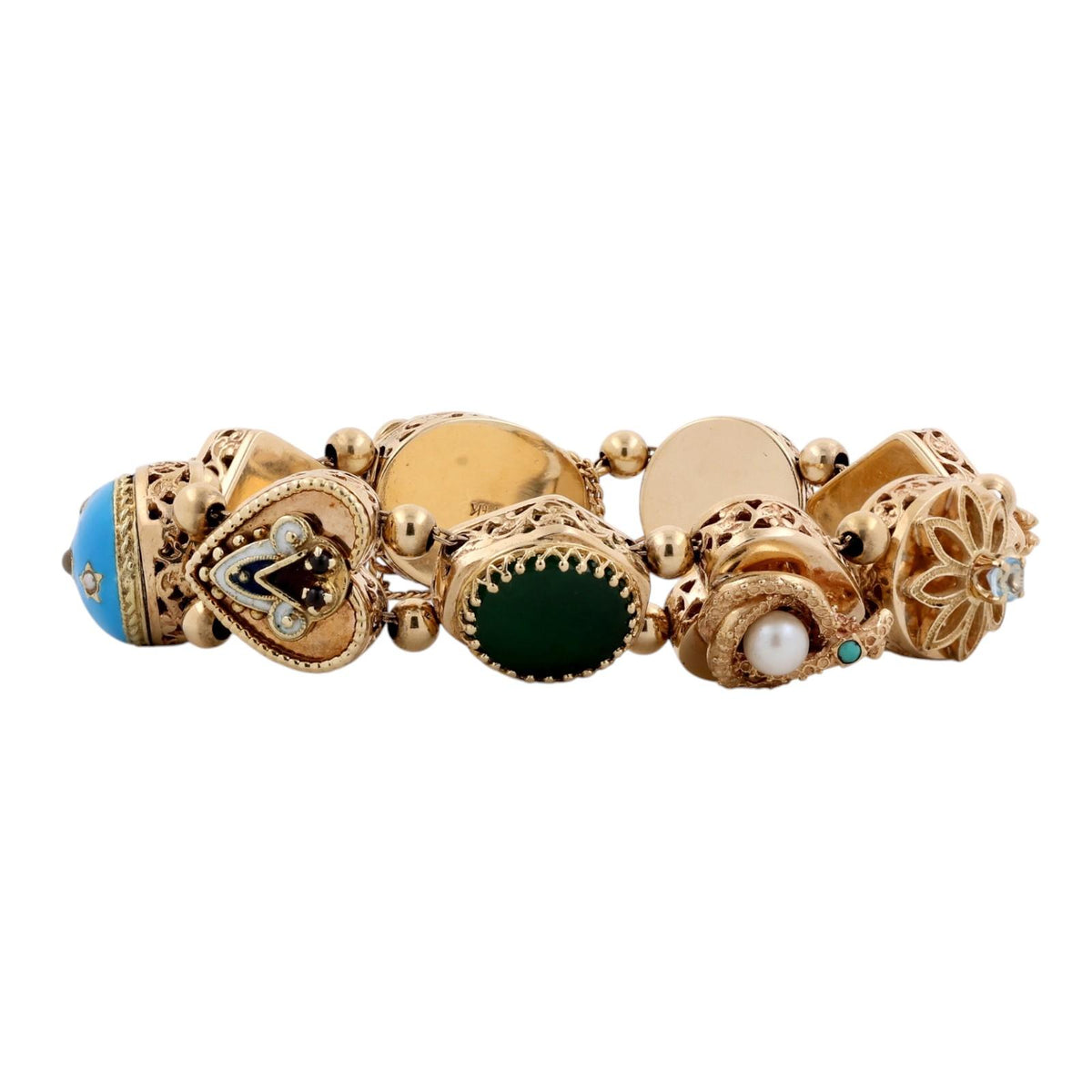Vintage 14K Gold Victorian Revival Multi Gemstone Slide Charm Bracelet 6.75"