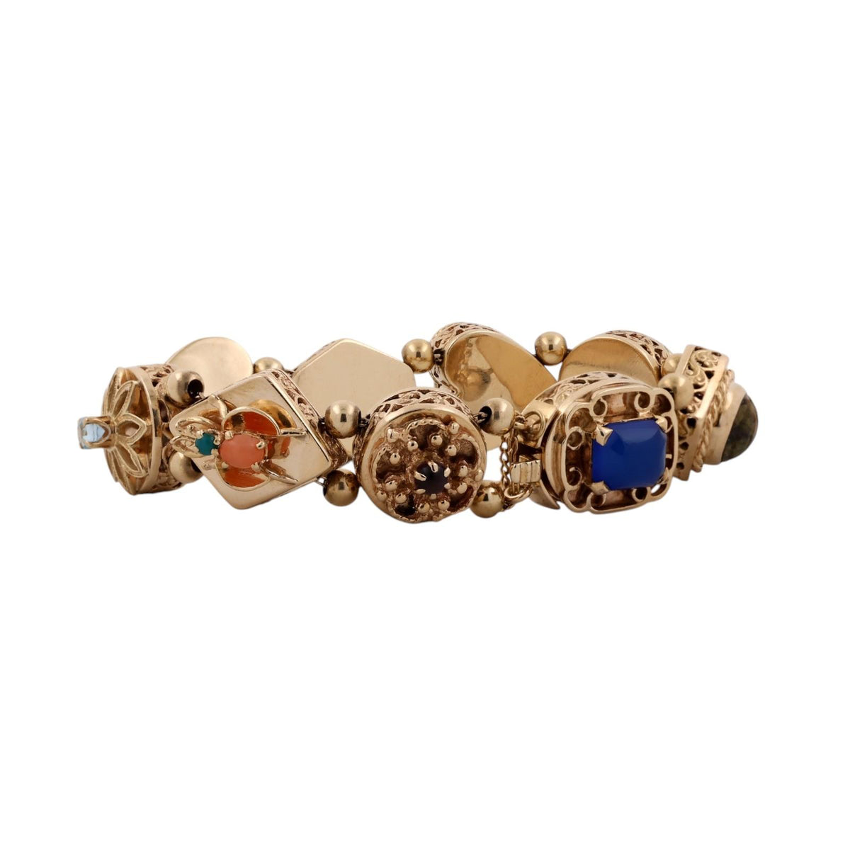 Vintage 14K Gold Victorian Revival Multi Gemstone Slide Charm Bracelet 6.75"