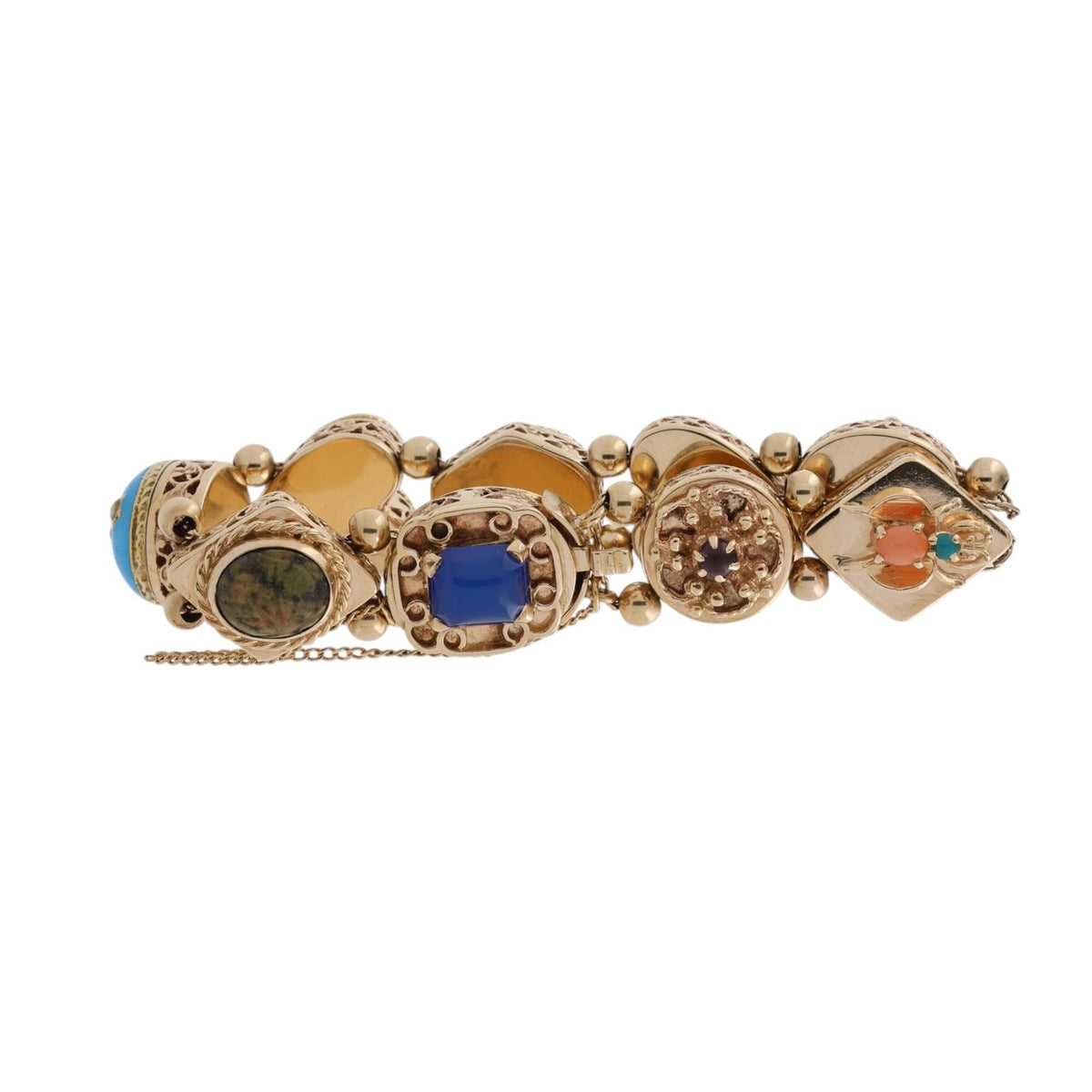 Vintage 14K Gold Victorian Revival Multi Gemstone Slide Charm Bracelet 6.75"