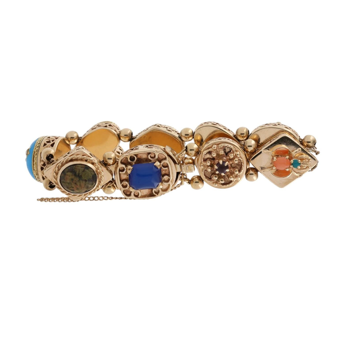 Vintage 14K Gold Victorian Revival Multi Gemstone Slide Charm Bracelet 6.75"