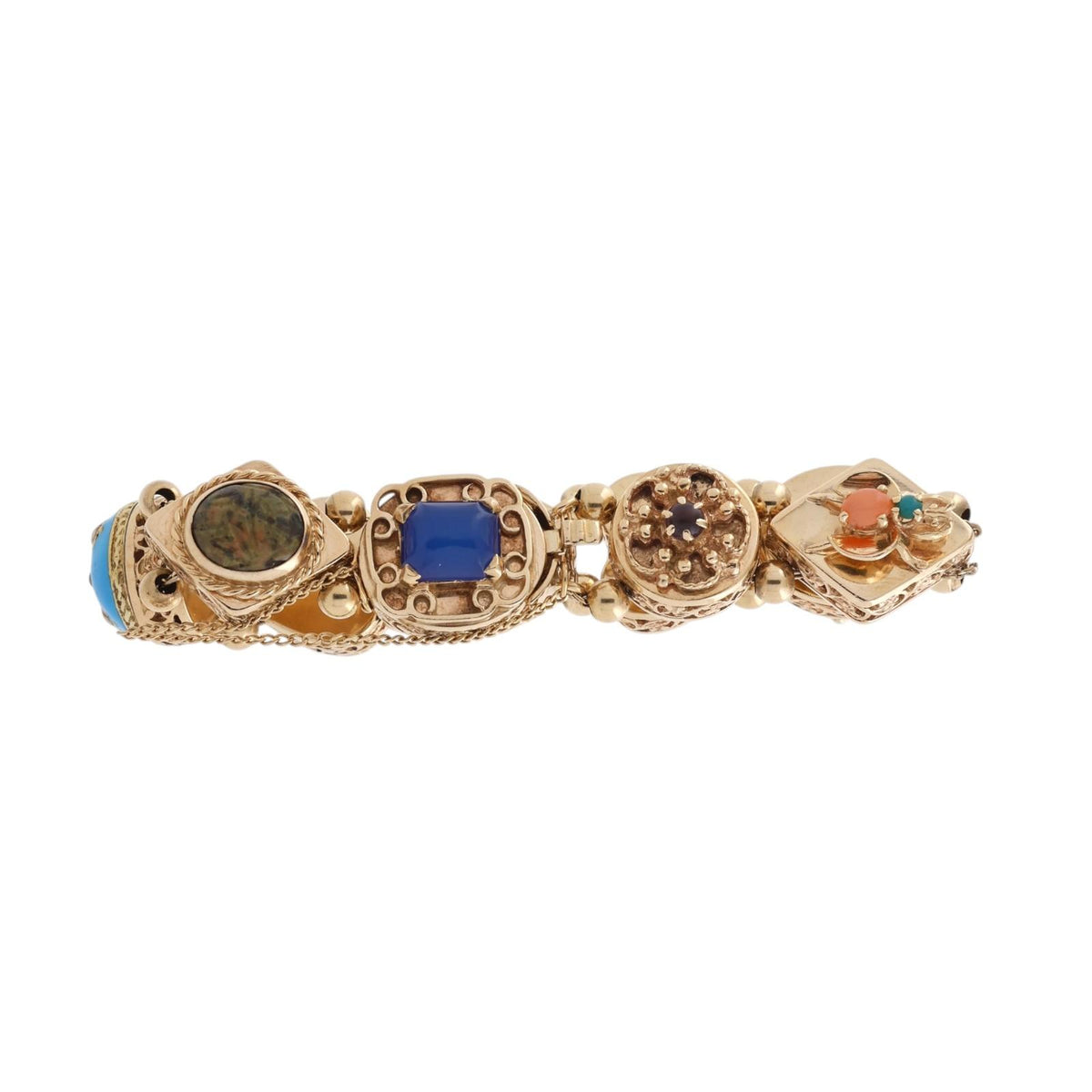 Vintage 14K Gold Victorian Revival Multi Gemstone Slide Charm Bracelet 6.75"