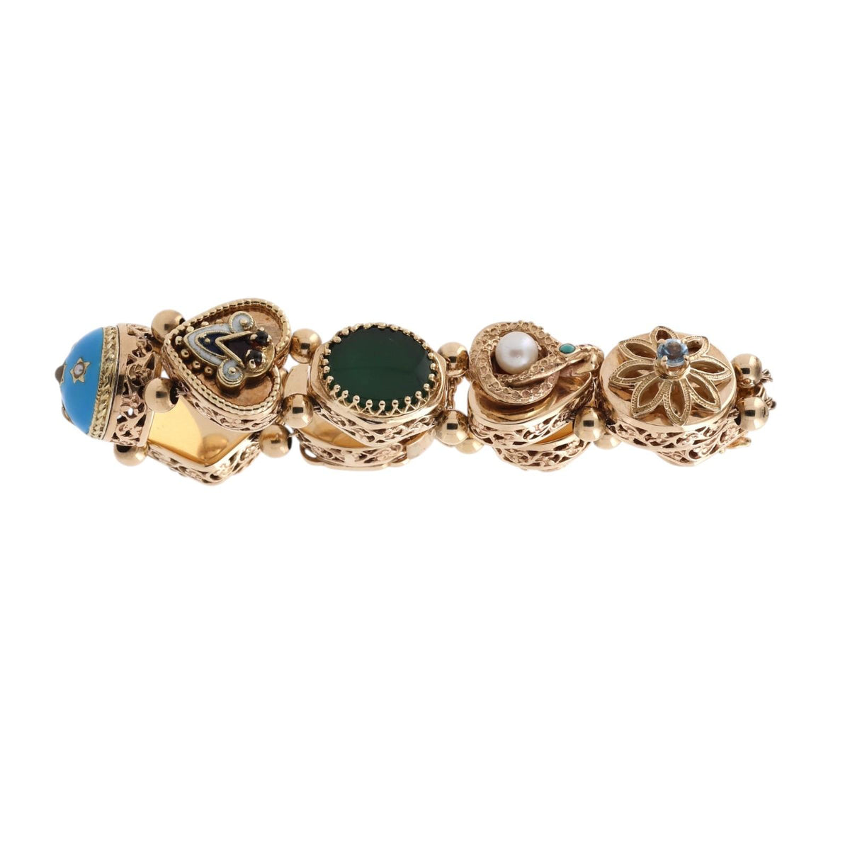 Vintage 14K Gold Victorian Revival Multi Gemstone Slide Charm Bracelet 6.75"