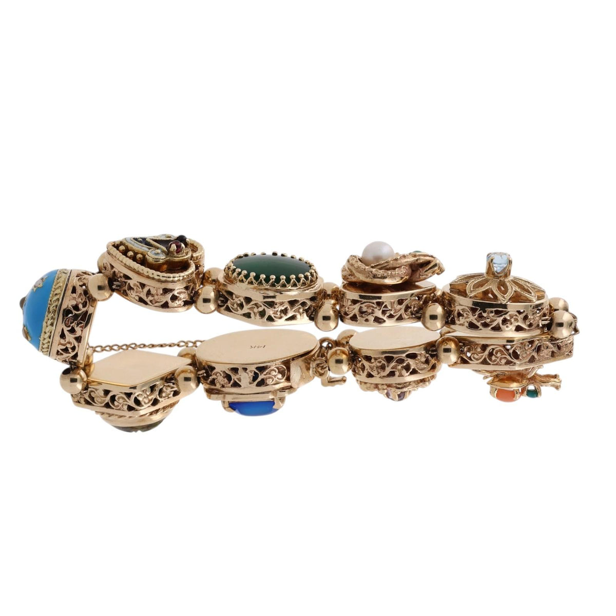 Vintage 14K Gold Victorian Revival Multi Gemstone Slide Charm Bracelet 6.75"