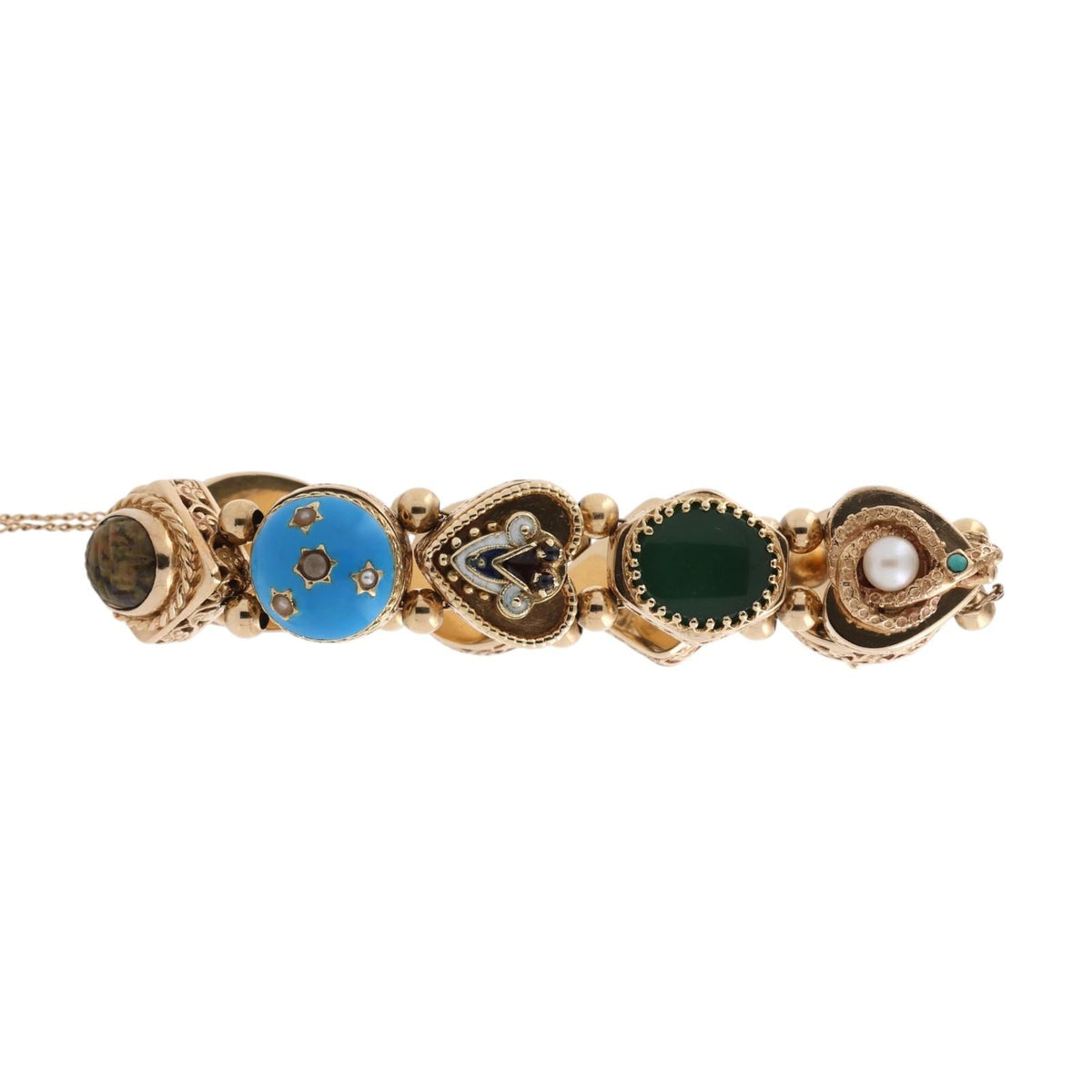 Vintage 14K Gold Victorian Revival Multi Gemstone Slide Charm Bracelet 6.75"