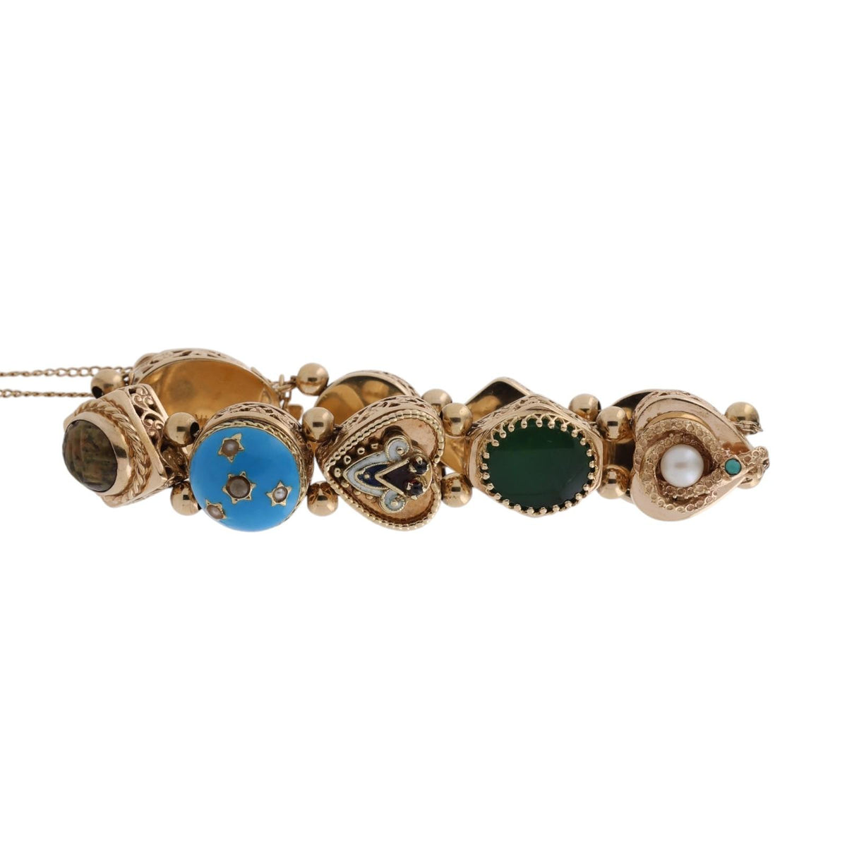 Vintage 14K Gold Victorian Revival Multi Gemstone Slide Charm Bracelet 6.75"