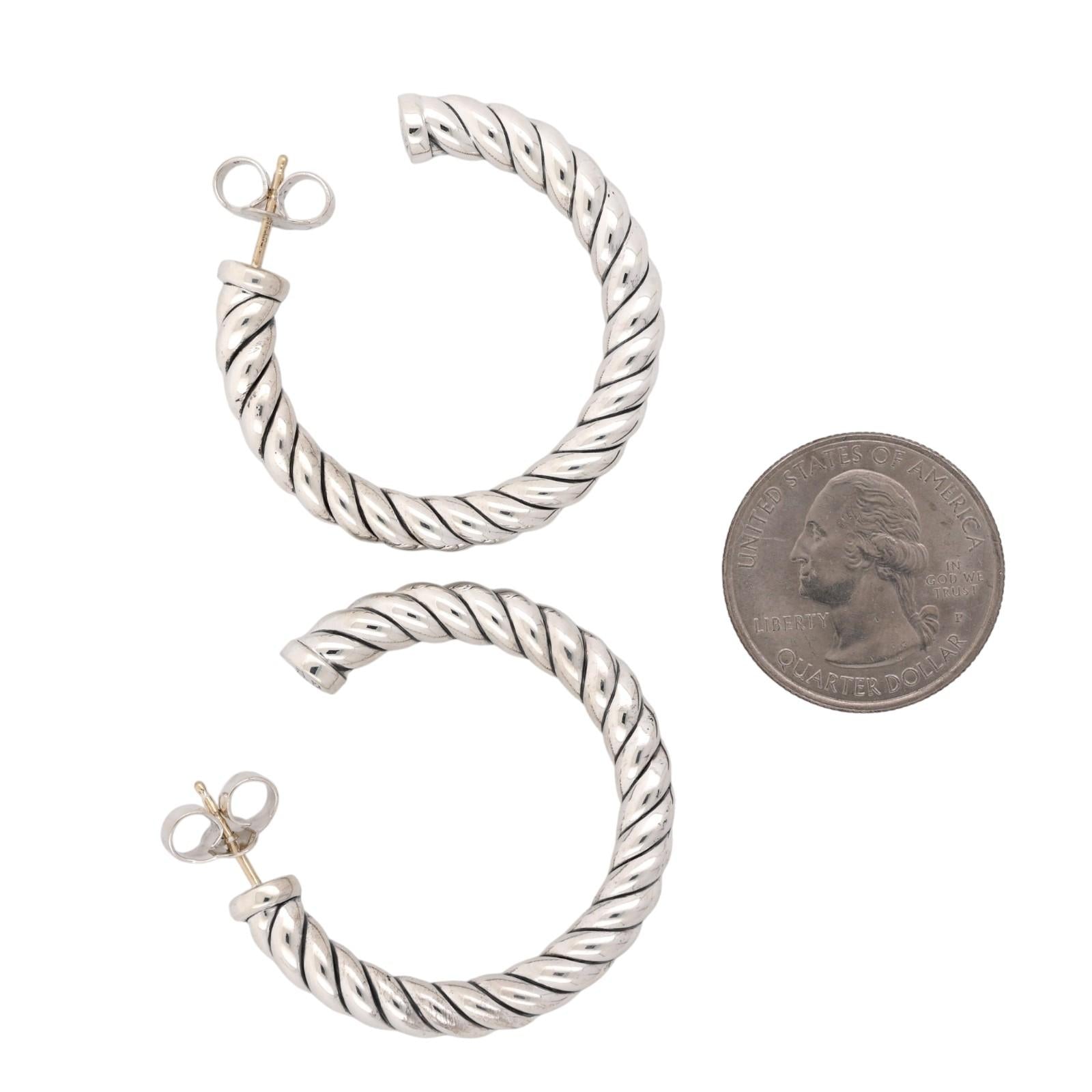 David Yurman Cable Hoop Earrings Sterling Silver 925 14K White Gold Posts 1.15"