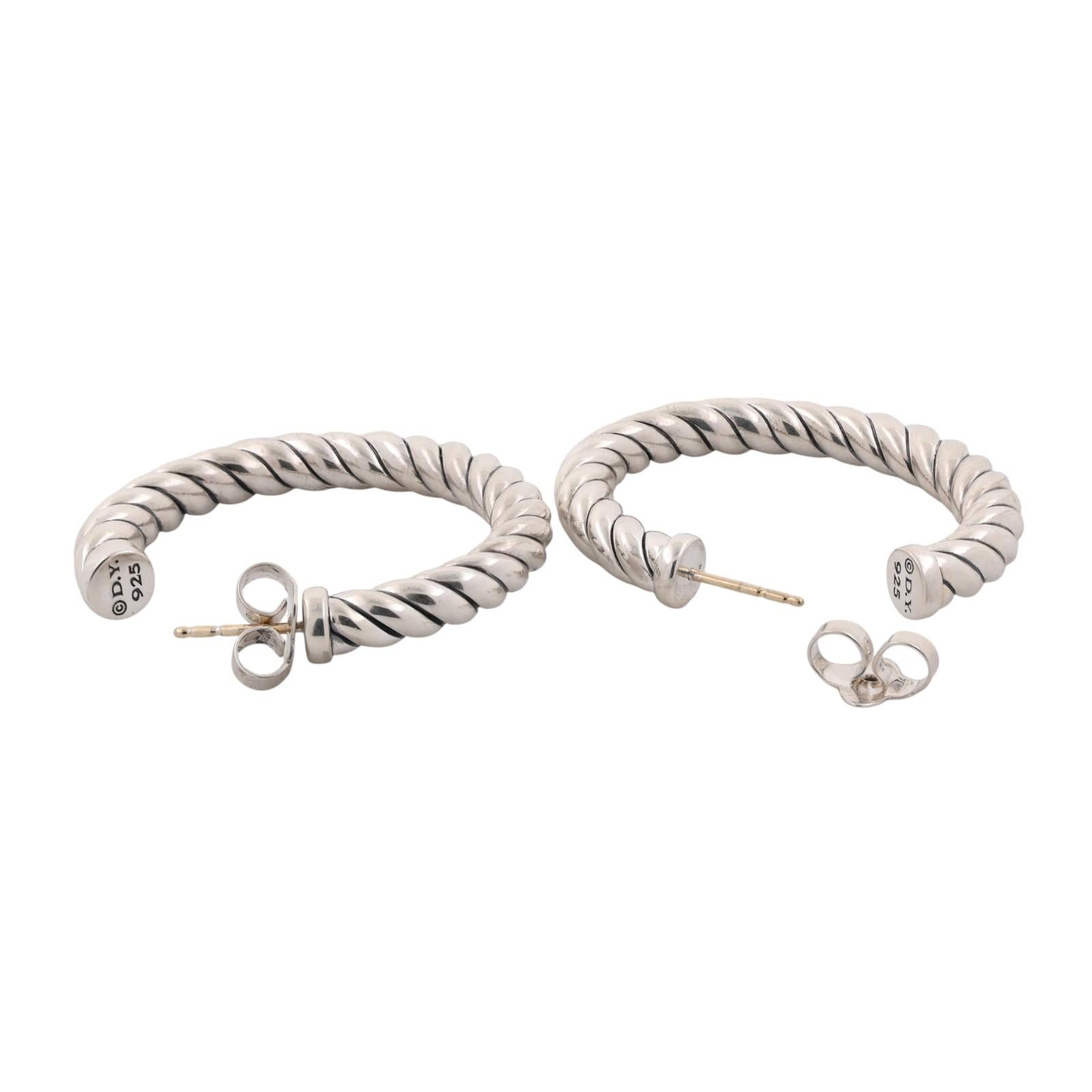 David Yurman Cable Hoop Earrings Sterling Silver 925 14K White Gold Posts 1.15"