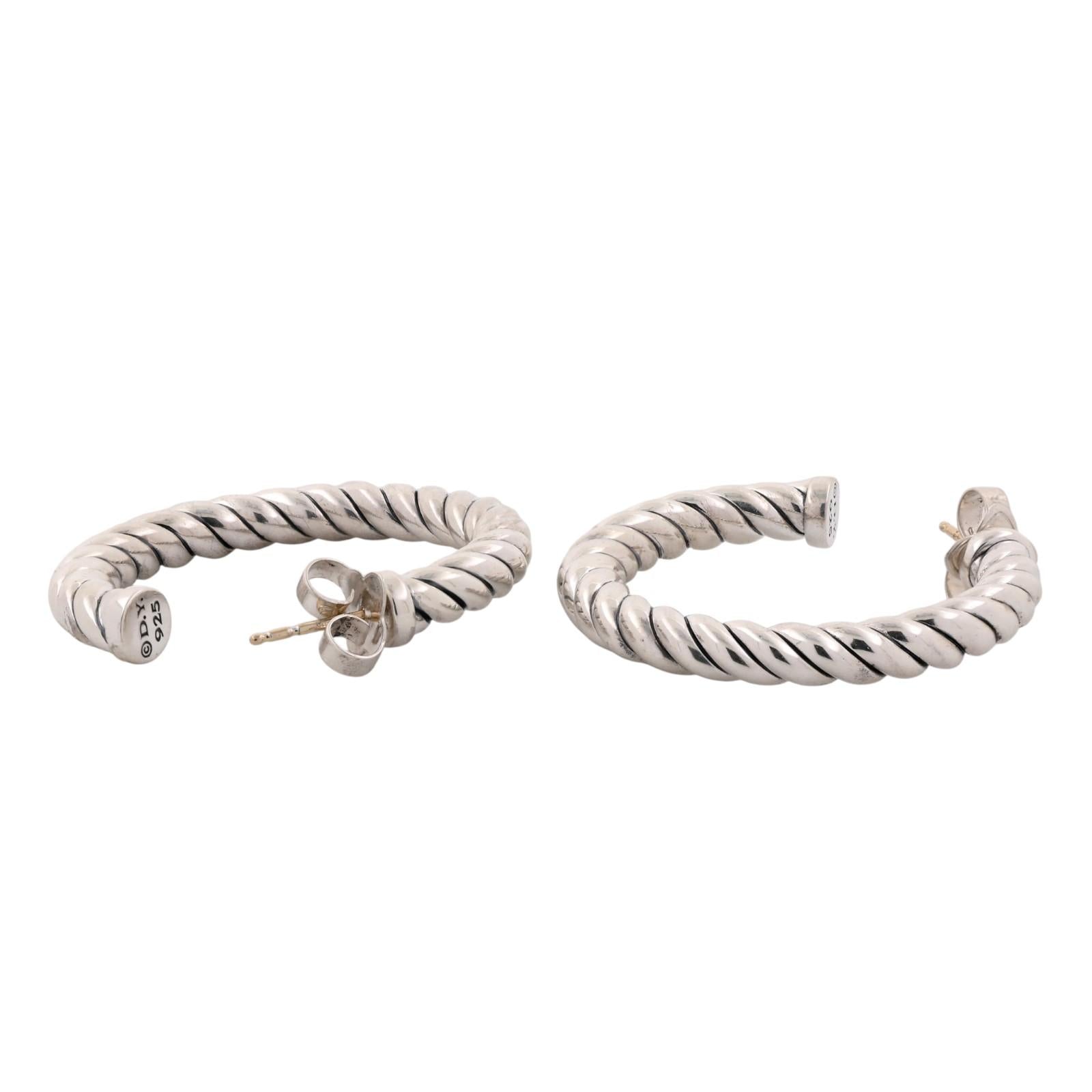 David Yurman Cable Hoop Earrings Sterling Silver 925 14K White Gold Posts 1.15"