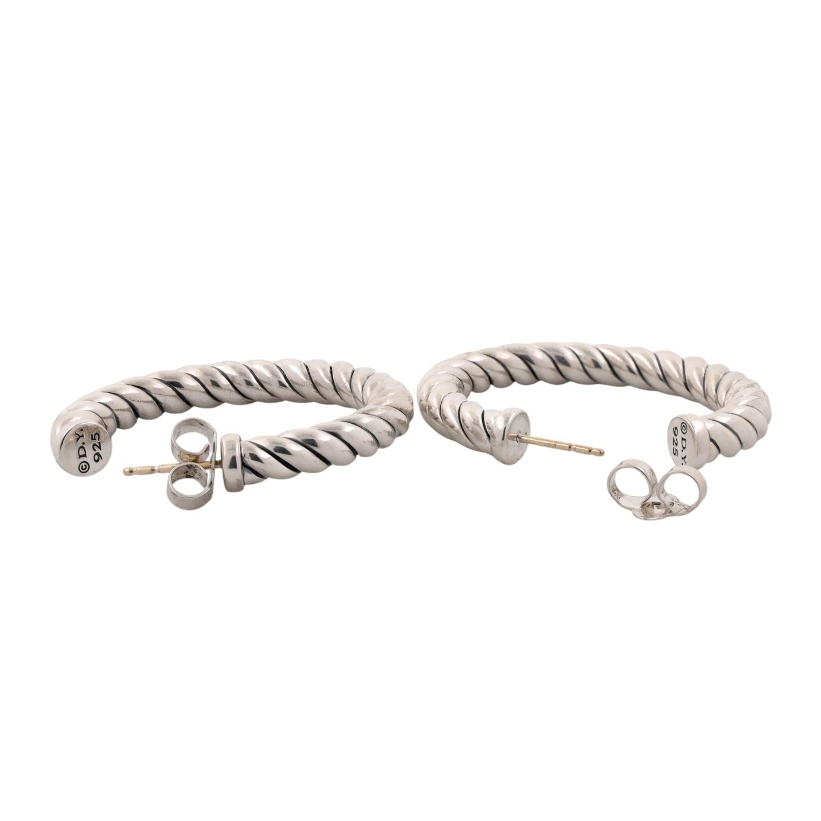 David Yurman Cable Hoop Earrings Sterling Silver 925 14K White Gold Posts 1.15"