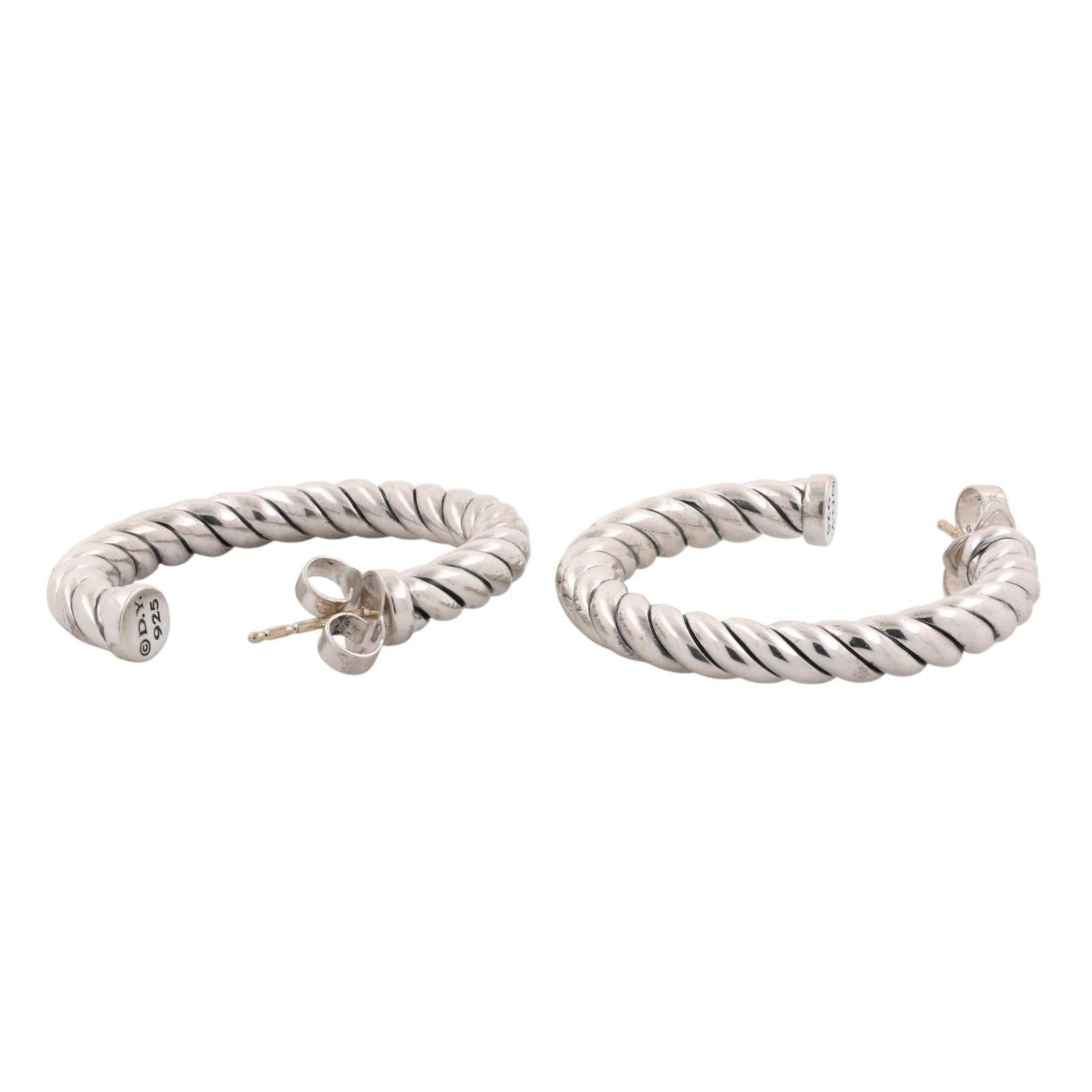David Yurman Cable Hoop Earrings Sterling Silver 925 14K White Gold Posts 1.15"
