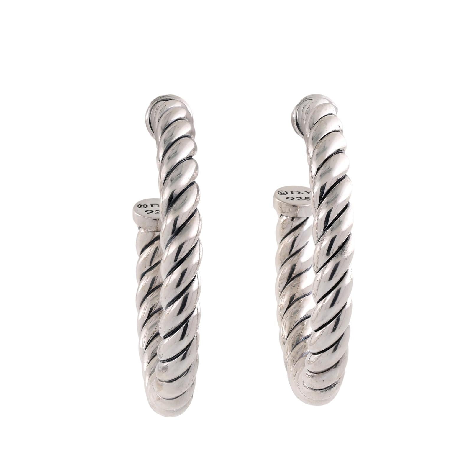 David Yurman Cable Hoop Earrings Sterling Silver 925 14K White Gold Posts 1.15"