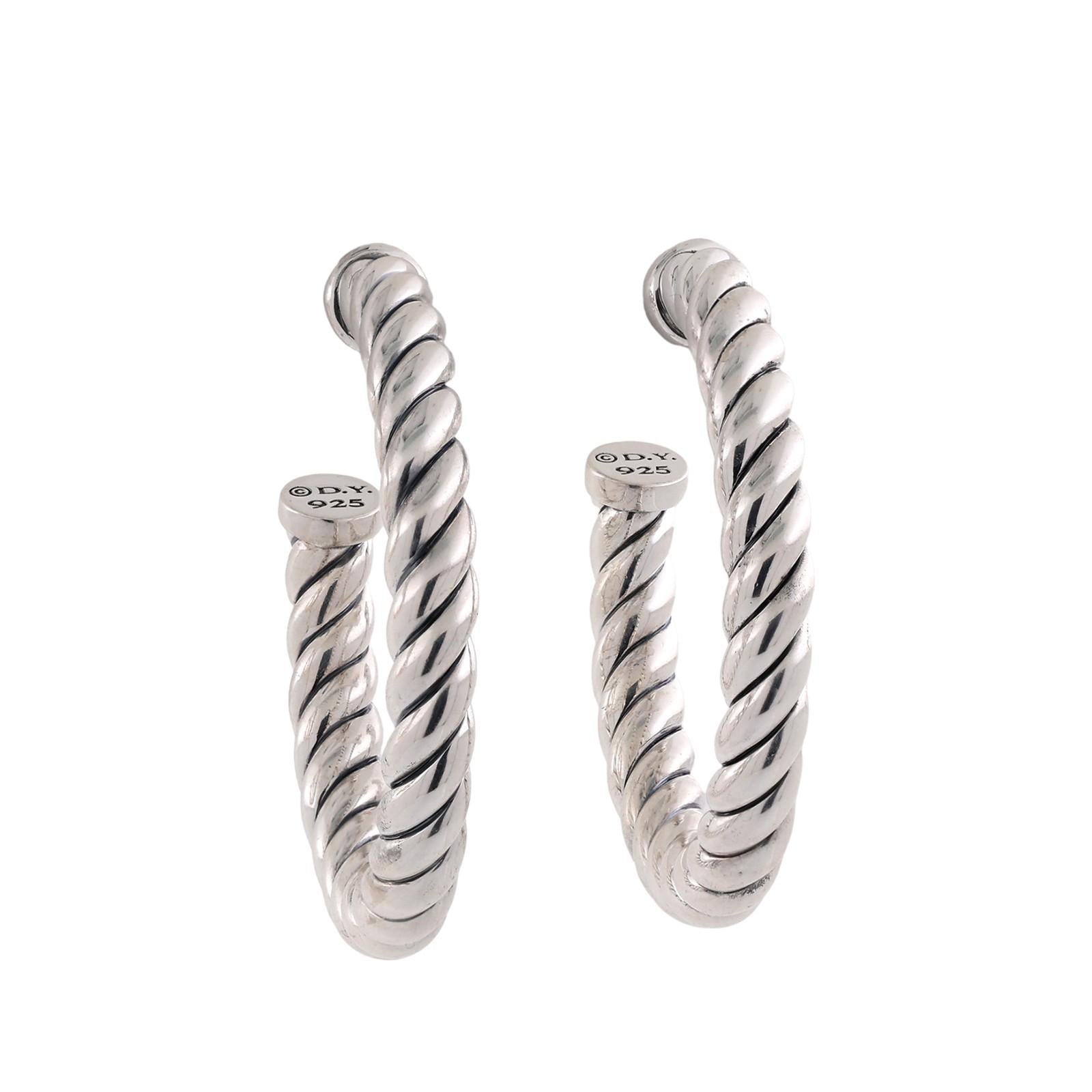 David Yurman Cable Hoop Earrings Sterling Silver 925 14K White Gold Posts 1.15"