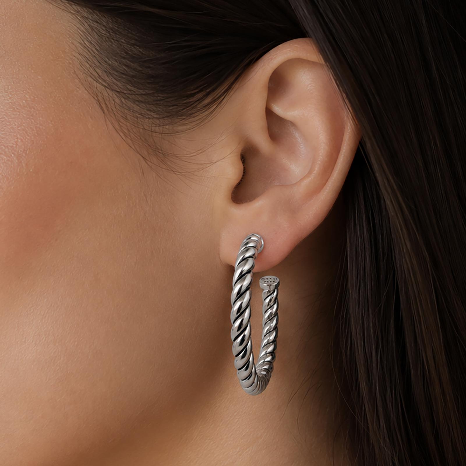 David Yurman Cable Hoop Earrings Sterling Silver 925 14K White Gold Posts 1.15"